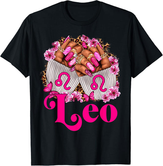 Black Women Floral Nails With Leopard Leo Queen T-Shirt - T-Shirt | Black