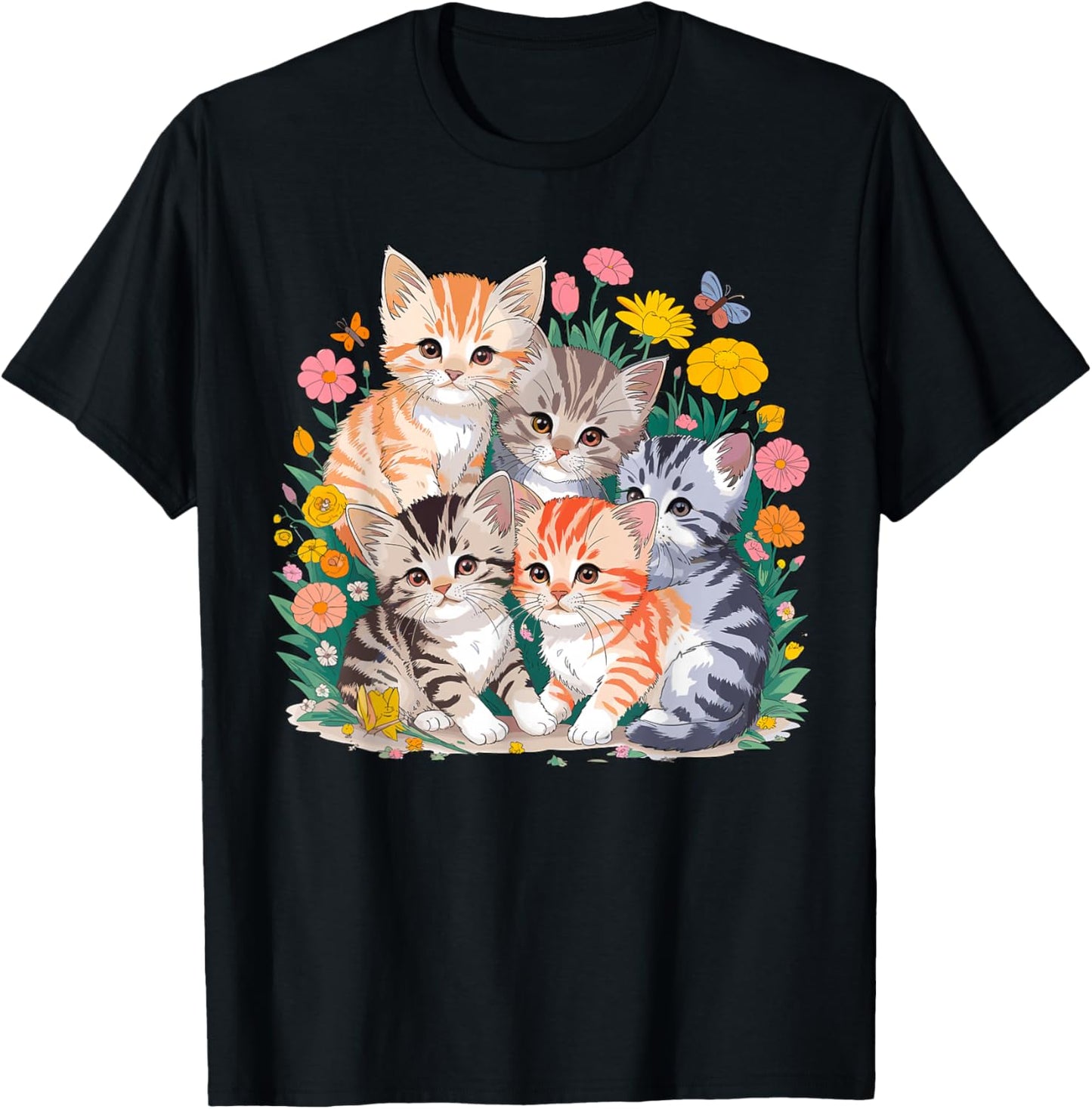 Kittens Floral Cat T-Shirt - T-Shirt | Black