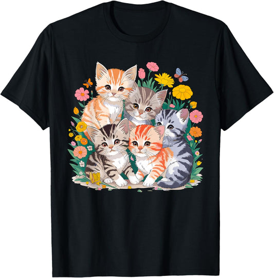 Kittens Floral Cat T-Shirt - T-Shirt | Black