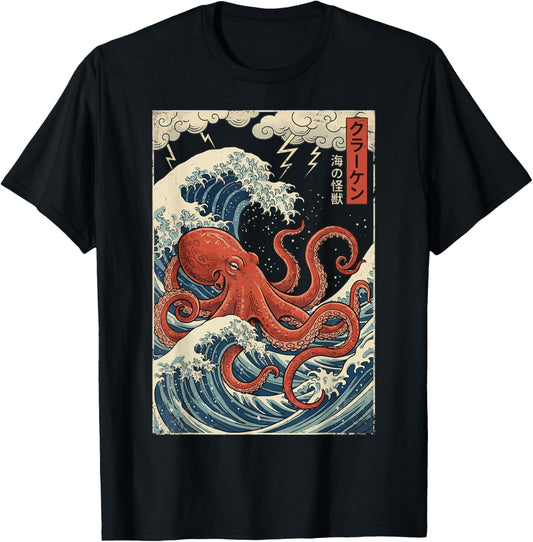 Red Octopus Japanese Waves Kraken Japan T-Shirt - T-Shirt | Black
