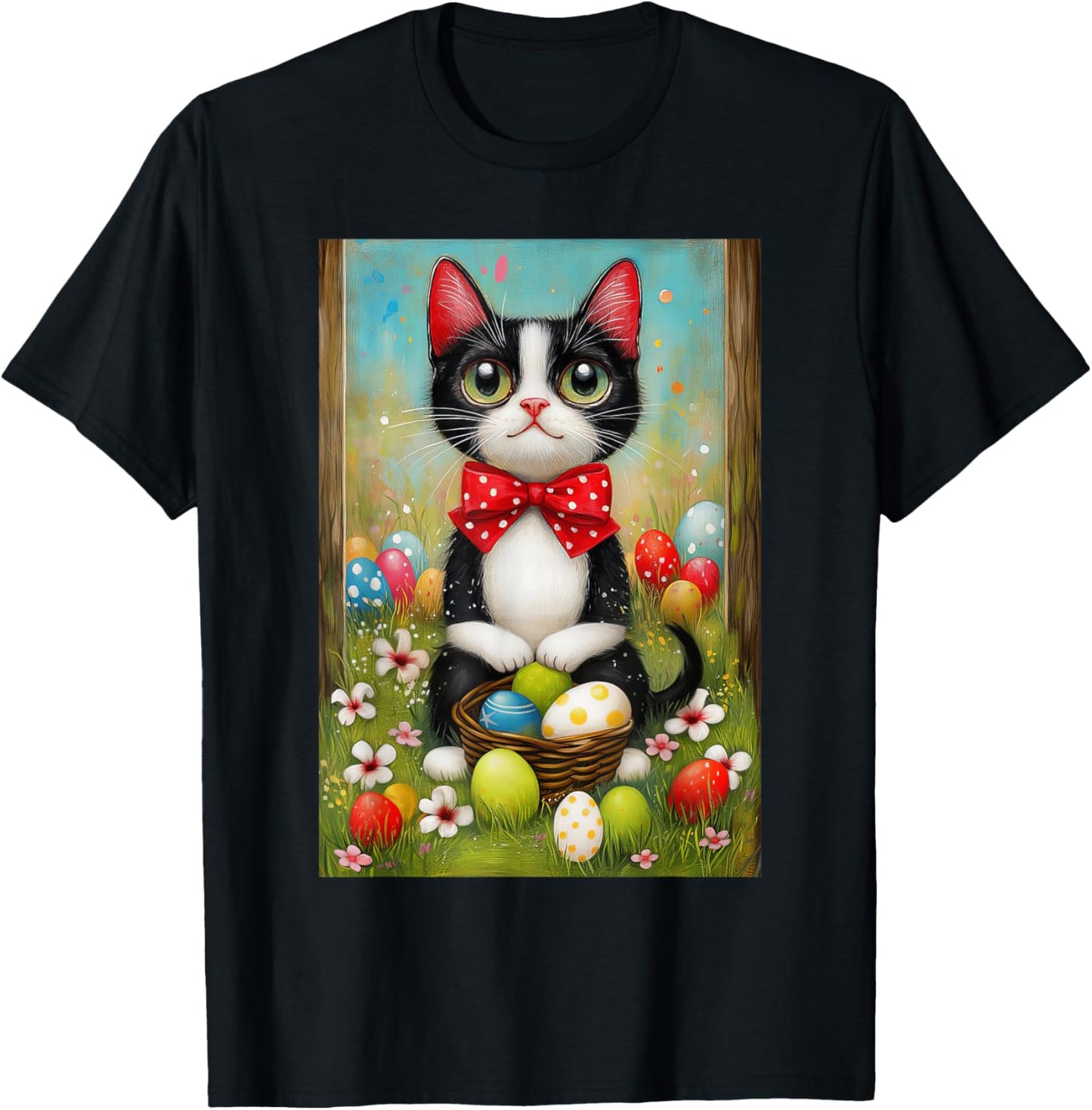 Tuxedo Cat Easter Shirt – Kitty with Basket of Easter Eggs T-Shirt - T-Shirt | Black