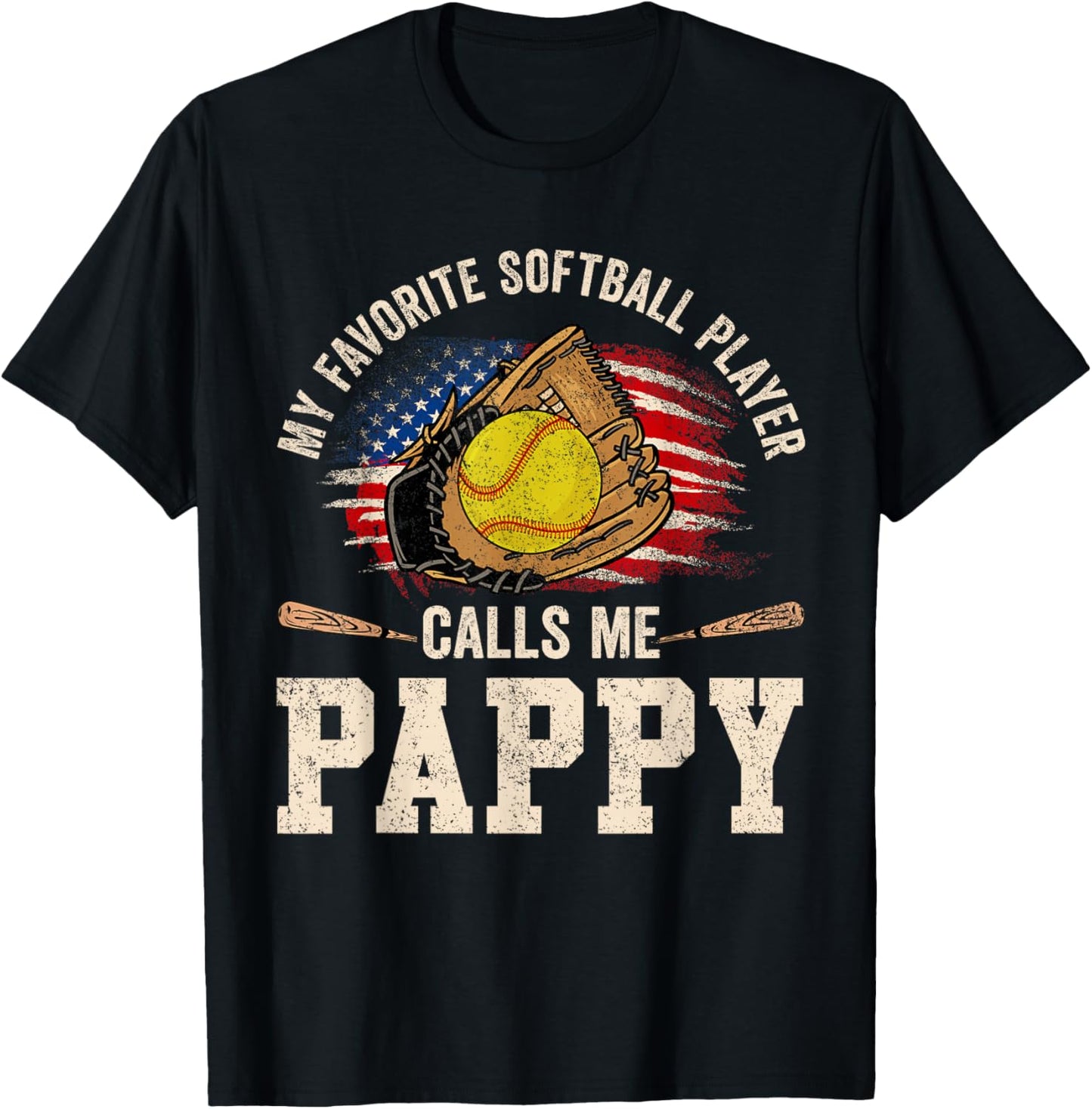 My Favorite Softball Player Calls Me Pappy USA Flag T-Shirt - T-Shirt | Black