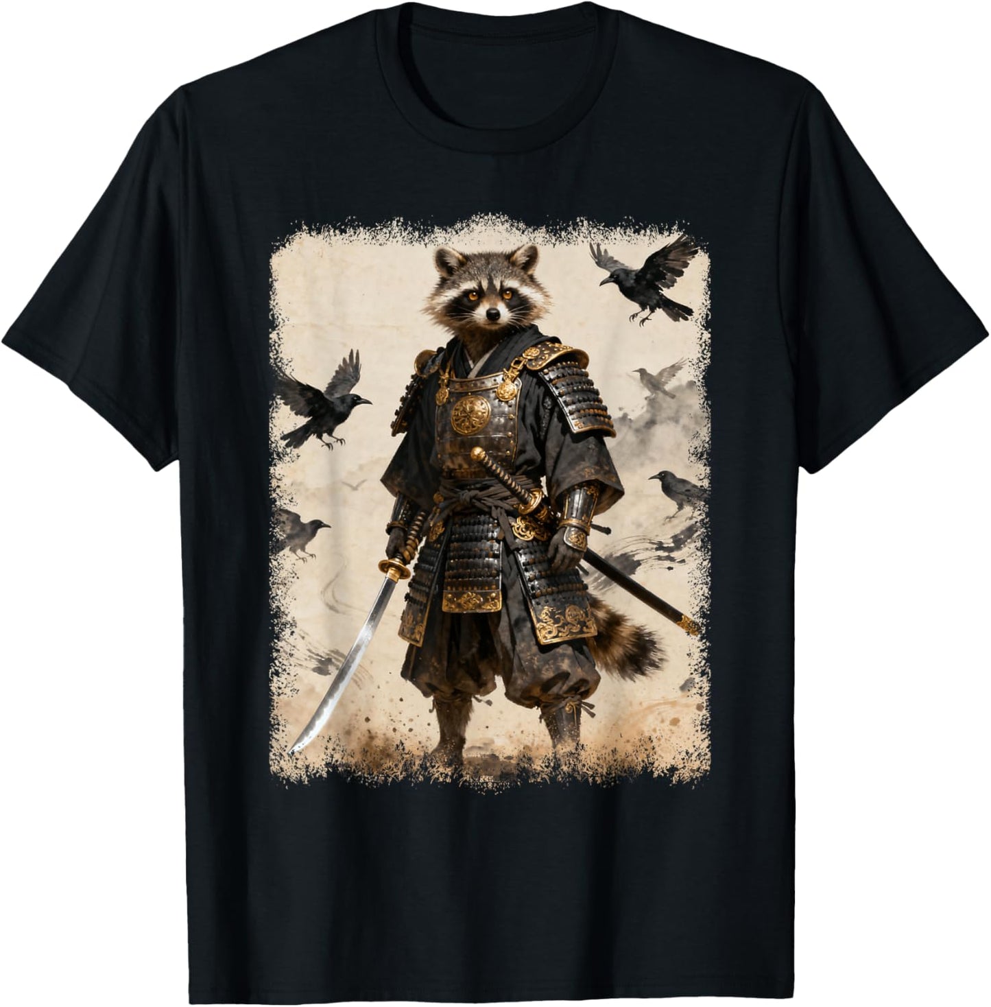 Samurai Raccoon, Anime Graphic , Japanese Warrior T-Shirt - T-Shirt | Black