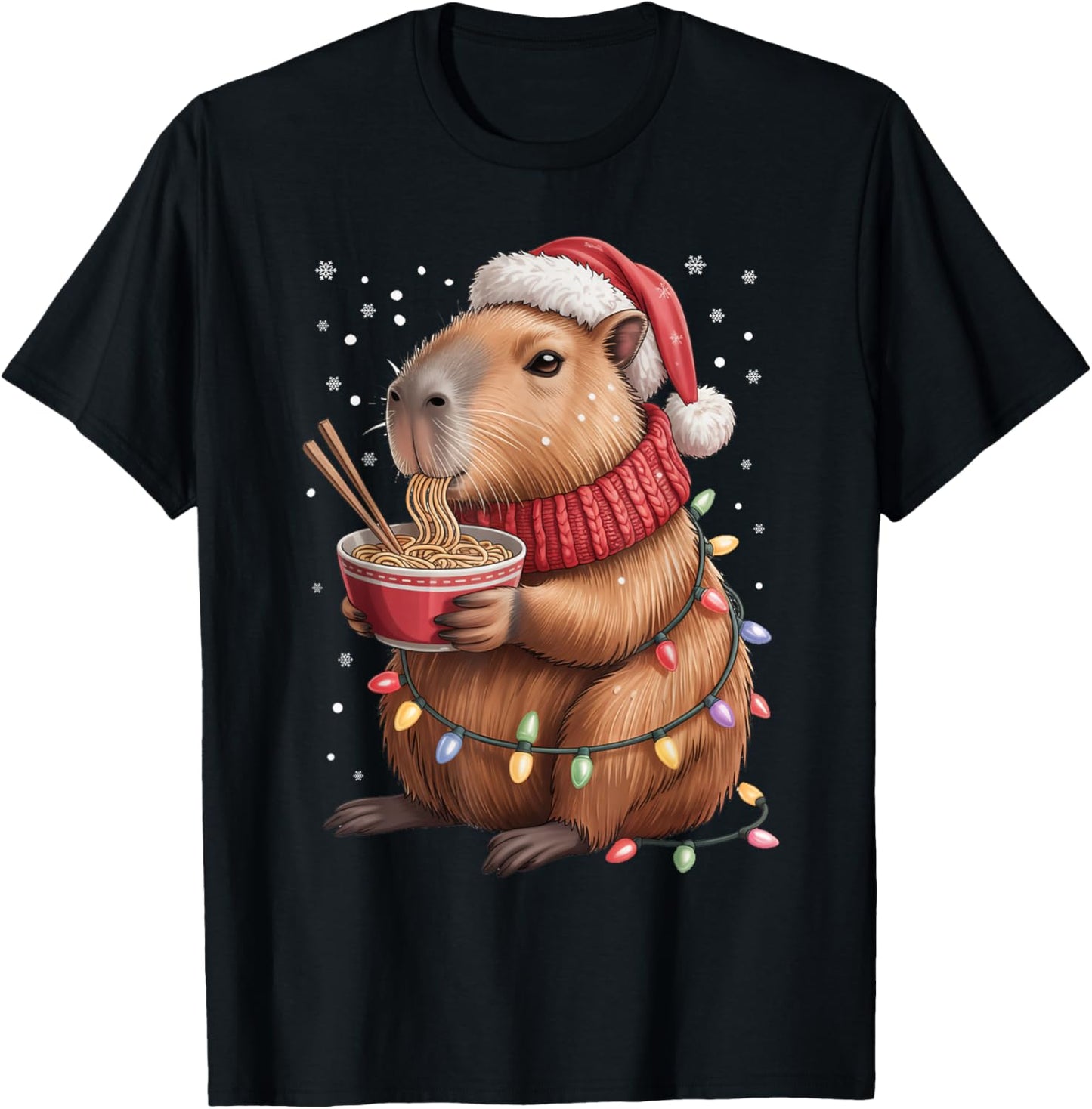 Cute Christmas Capybara with Ramen Bowl Holiday T-Shirt - T-Shirt | Black