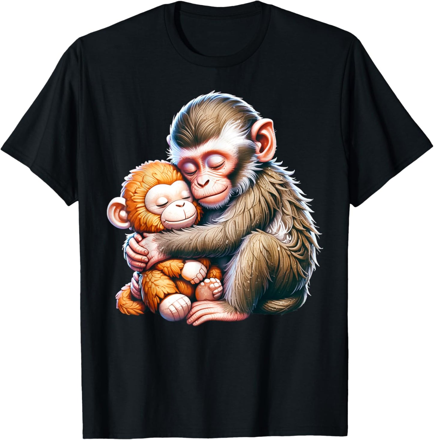 Cute Baby Monkey Named Punch Plush Hugging T-Shirt - T-Shirt | Black