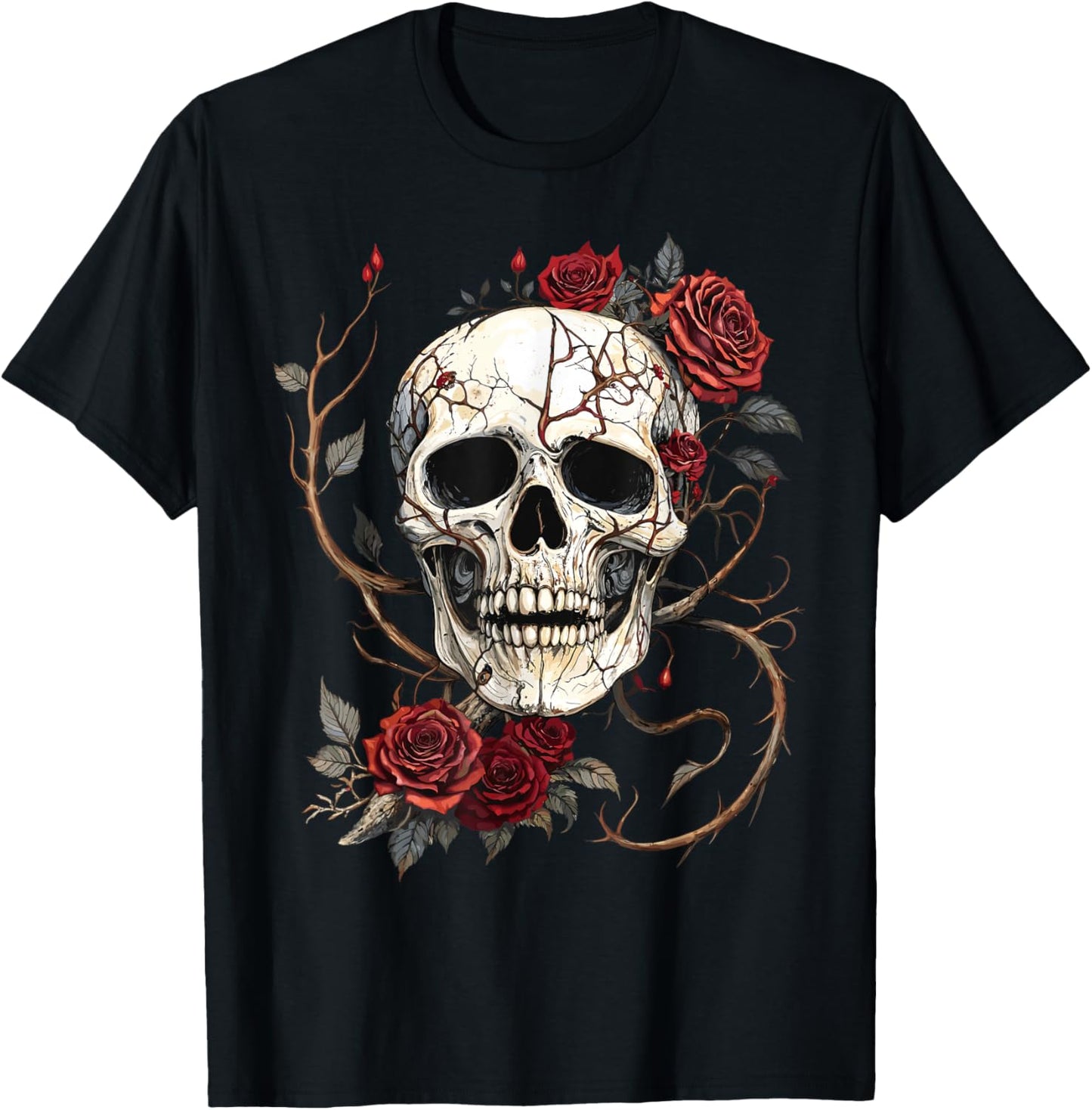 Tête de Mort Roses Rouges Baroque Gothique Vintage Tattoo T-Shirt - T-Shirt | Black
