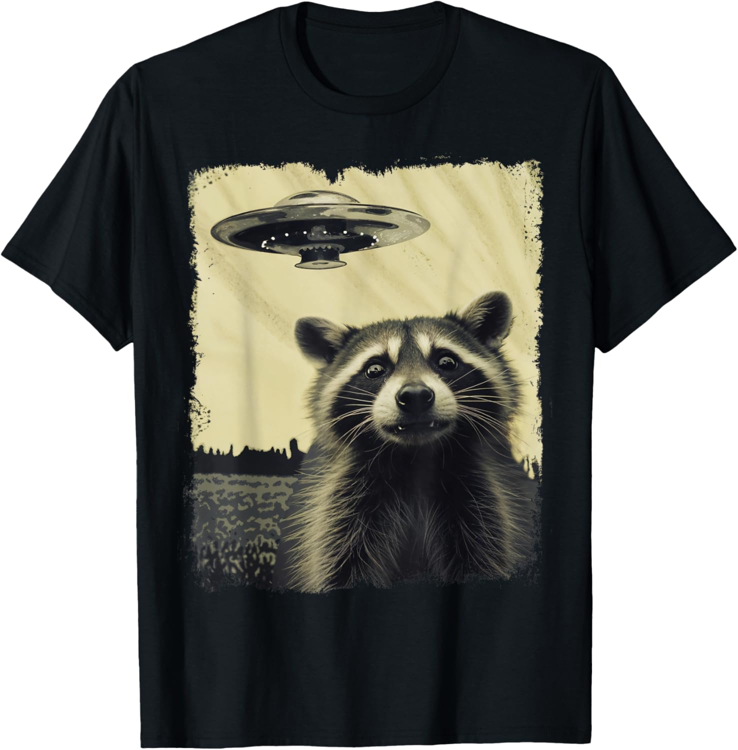 Racoon with UFO Retro Vintage Uncanny Alien UFO T-Shirt - T-Shirt | Black