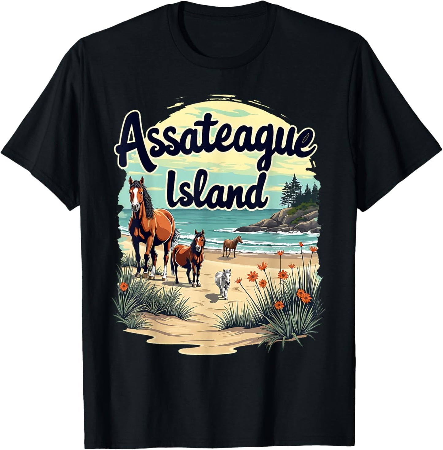 Scenic Wild Horses on Assateague Island Maryland T-Shirt - T-Shirt | Black