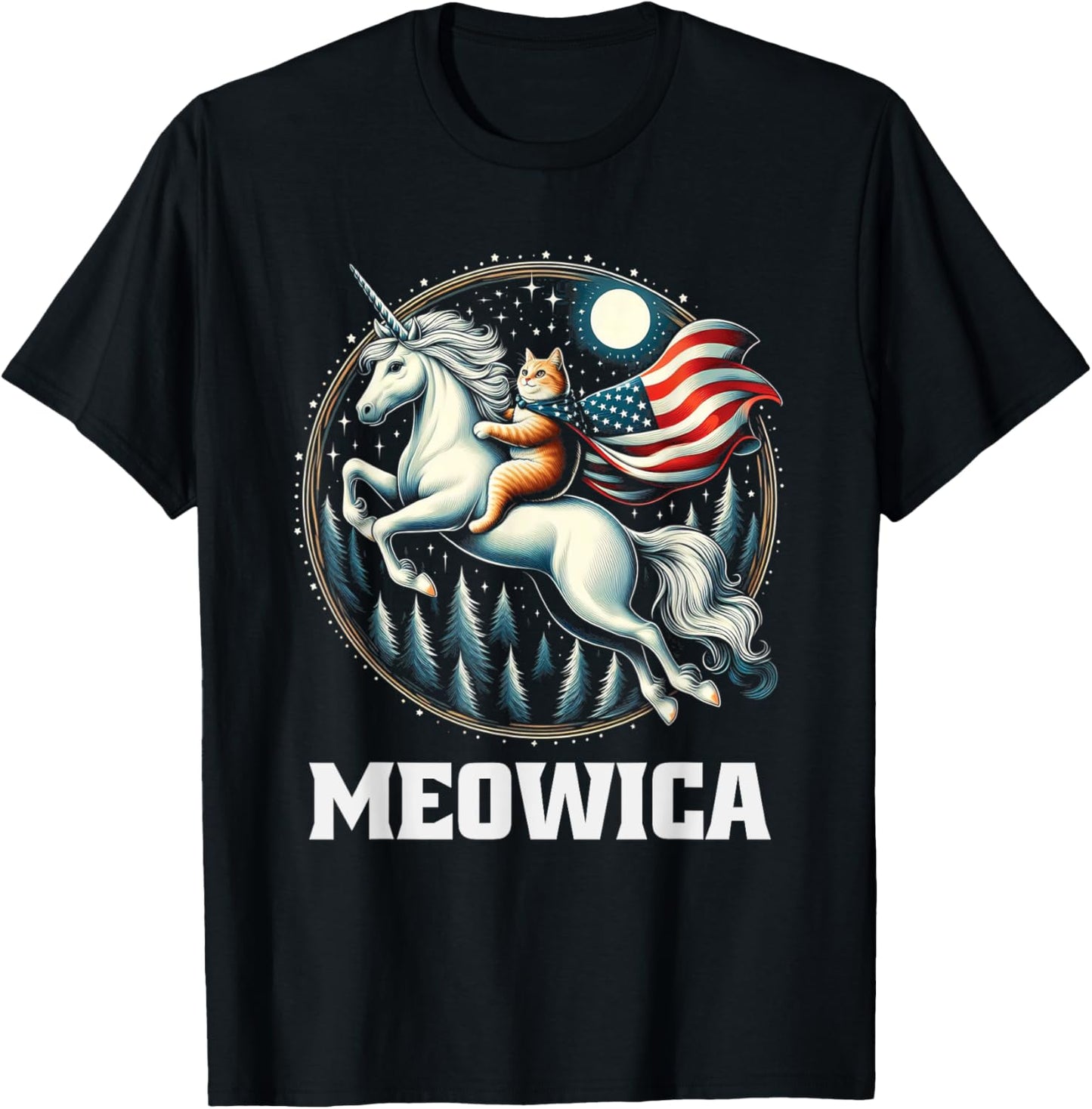 Meowica Cat Riding Unicorn USA Flag 4th Of July Patriotic T-Shirt - T-Shirt | Black