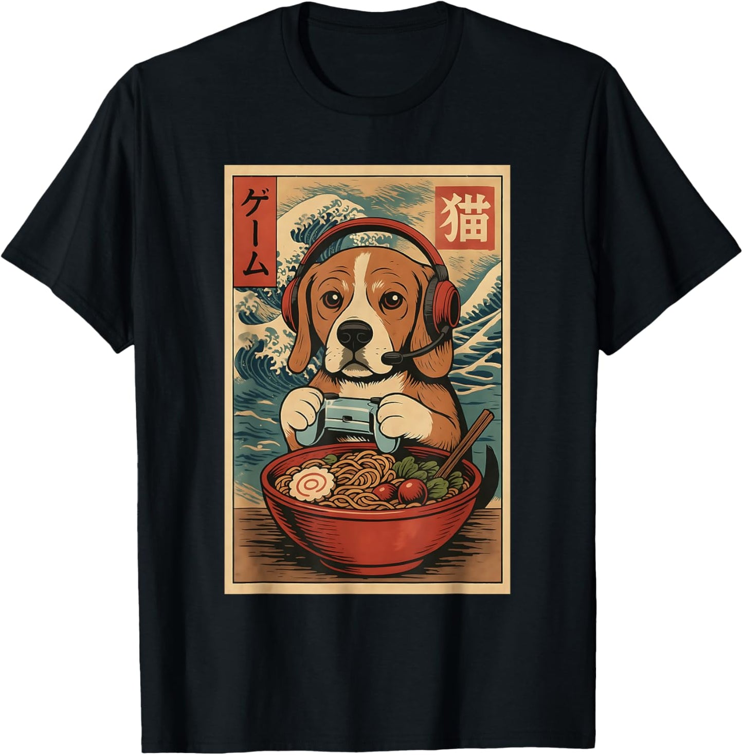 Cute Kawaii Gamer Dog Funny Ramen Retro Game Japanese T-Shirt - T-Shirt | Black