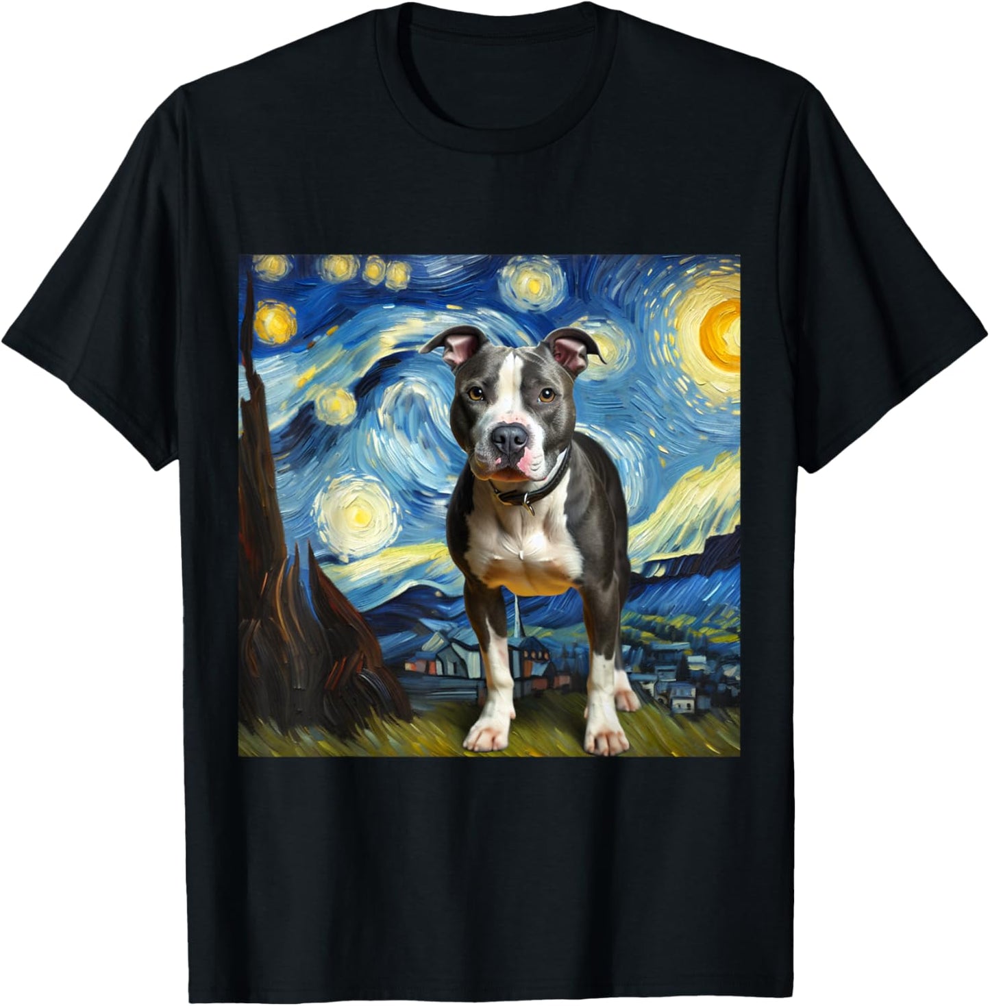 Pitbull Animal Funny Pit Bull Starry Night Van Gogh Style T-Shirt - T-Shirt | Black