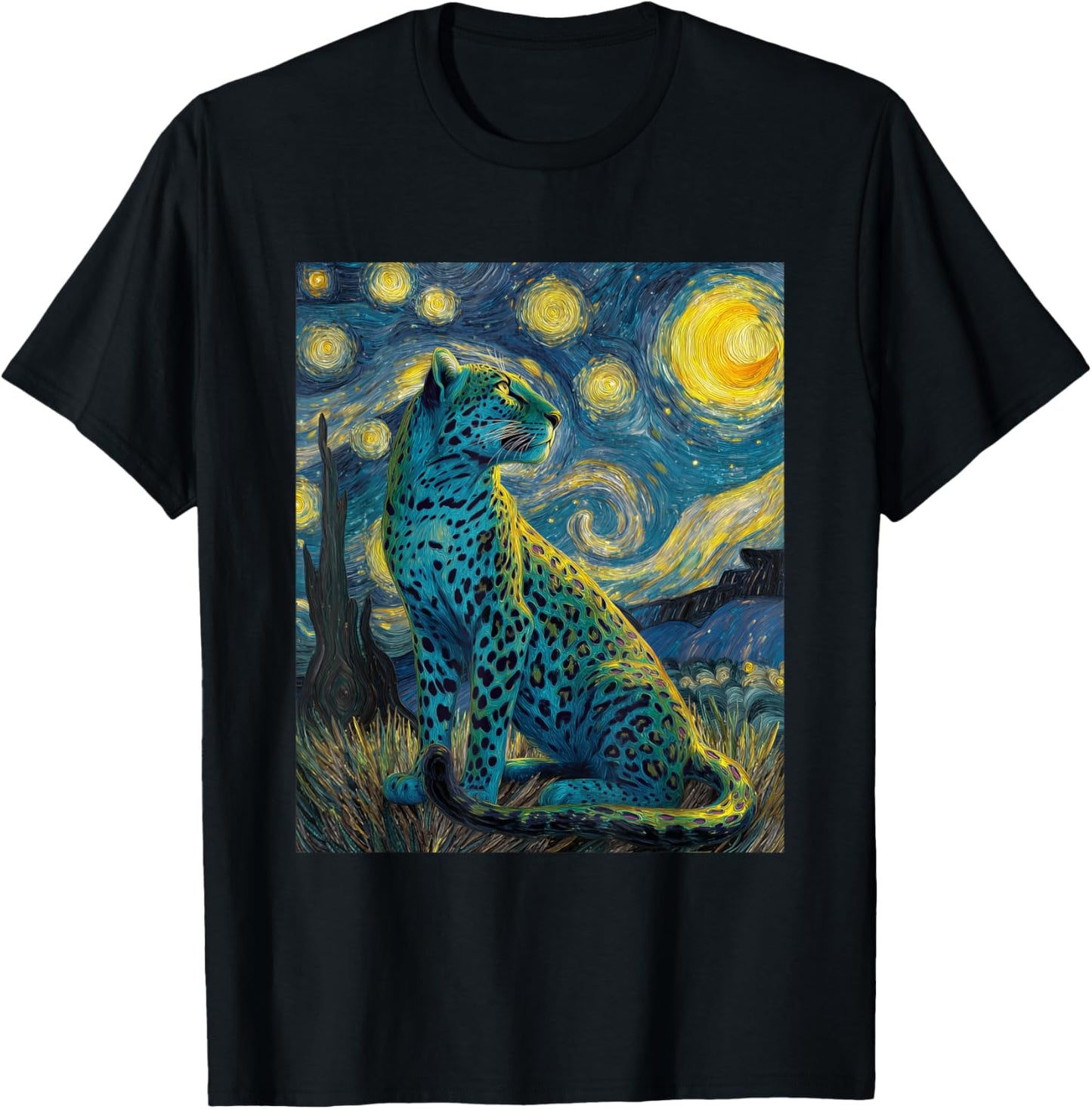 Leopard Cheetah Graphic Van Gogh Style Starry Night T-Shirt - T-Shirt | Black