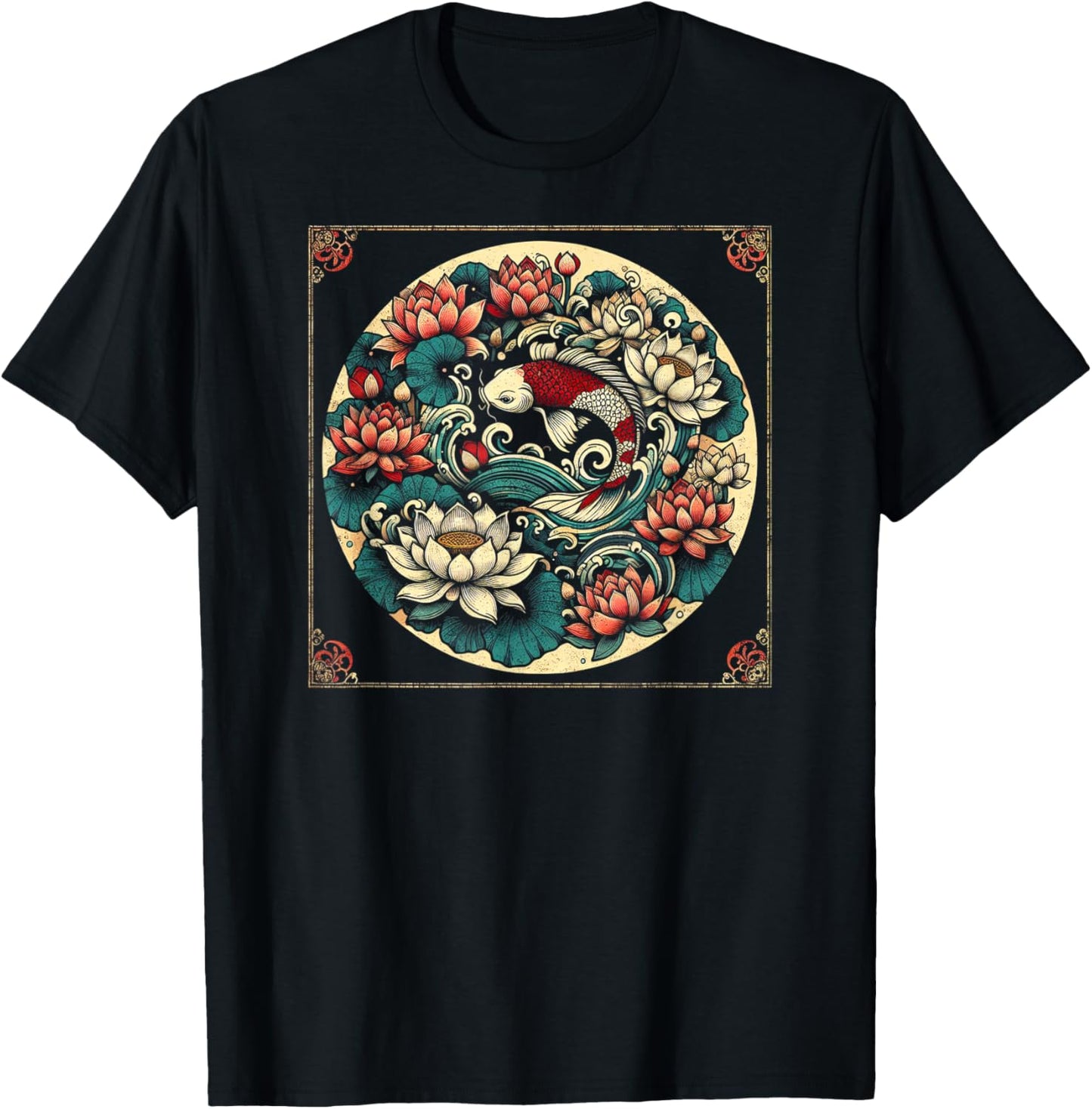 Japanese Koi Fish Lotus Design T-Shirt - T-Shirt | Black