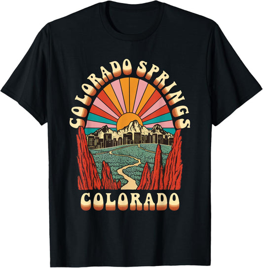 Vintage Colorado Springs Sunset Mountains Cityscape Retro T-Shirt - T-Shirt | Black