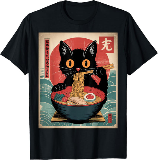 Noodles Eating Cats Eating Japanese Ramen Kawaii , Black, S T-Shirt - T-Shirt | Black