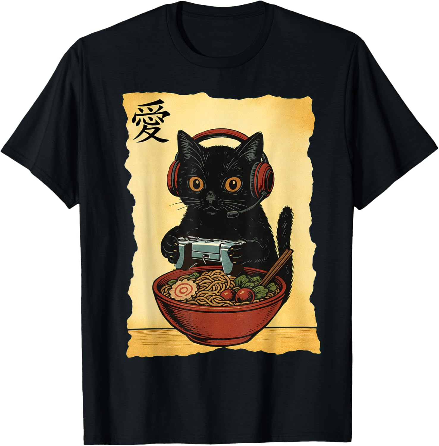 Cute Kawaii Gamer Cat Funny Ramen Retro Japanese Cat Gaming T-Shirt - T-Shirt | Black