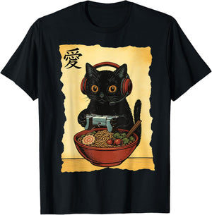 Cute Kawaii Gamer Cat Funny Ramen Retro Japanese Cat Gaming T-Shirt - T-Shirt | Black
