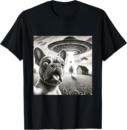 French Bulldog Selfie With Alien UFO Funny Frenchie Pup T-Shirt - T-Shirt | Black