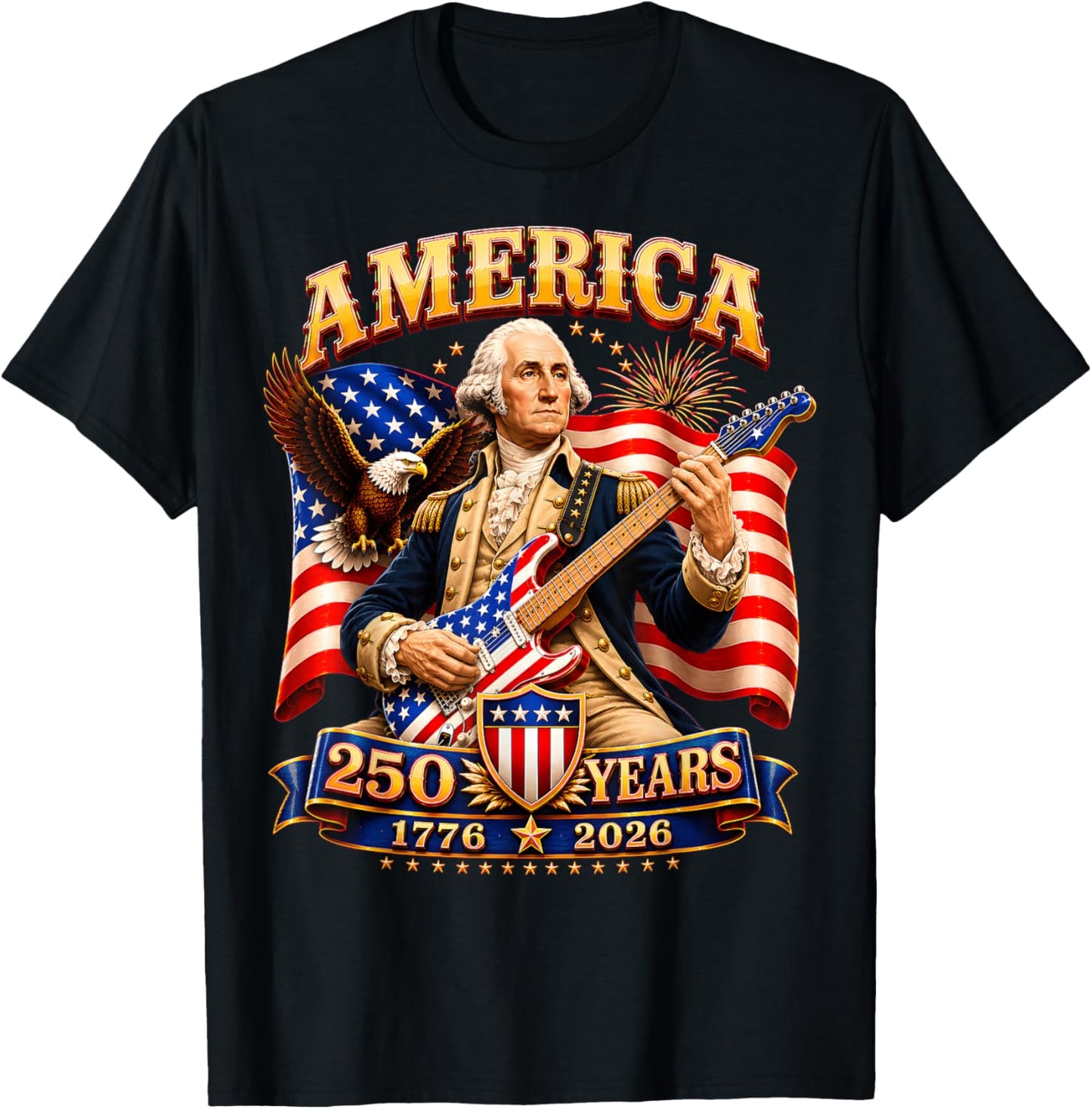 Vintage George Washington Playing Guitar 250 Years America T-Shirt - T-Shirt | Black