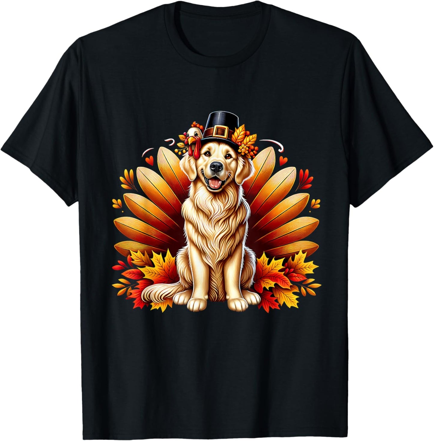 Fall Golden Retriever Thanksgiving Pilgrim Turkey Dog Autumn T-Shirt - T-Shirt | Black