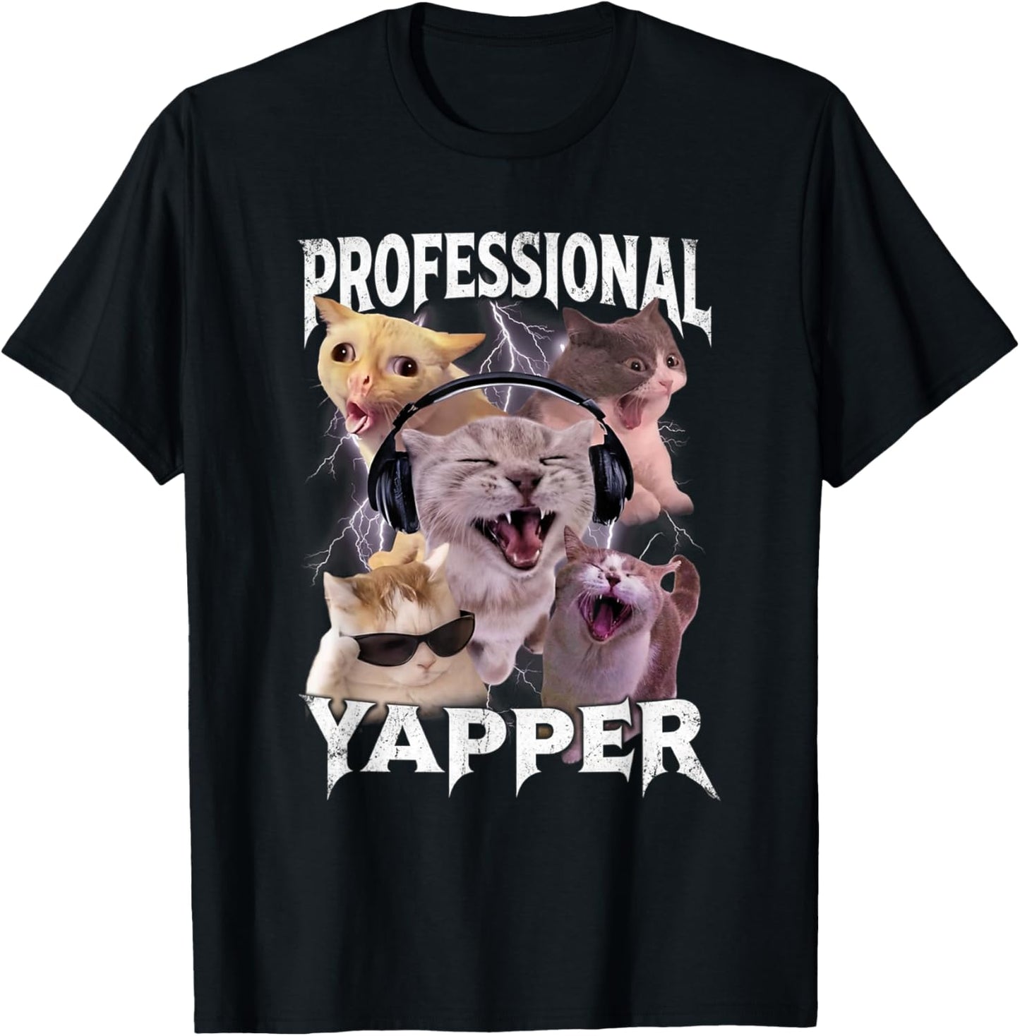 Funny Professional Yapper Cat Meme Rock Style Humor GIFF T-Shirt - T-Shirt | Black