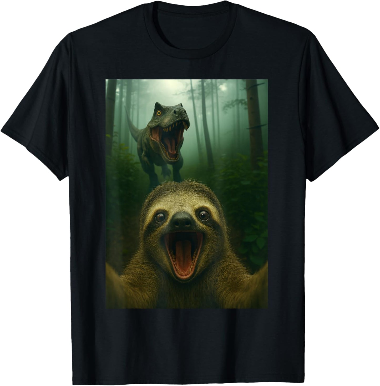 Funny Sloth Selfie with T-Rex Dinosaur Gifts Men Women Kid T-Shirt - T-Shirt | Black
