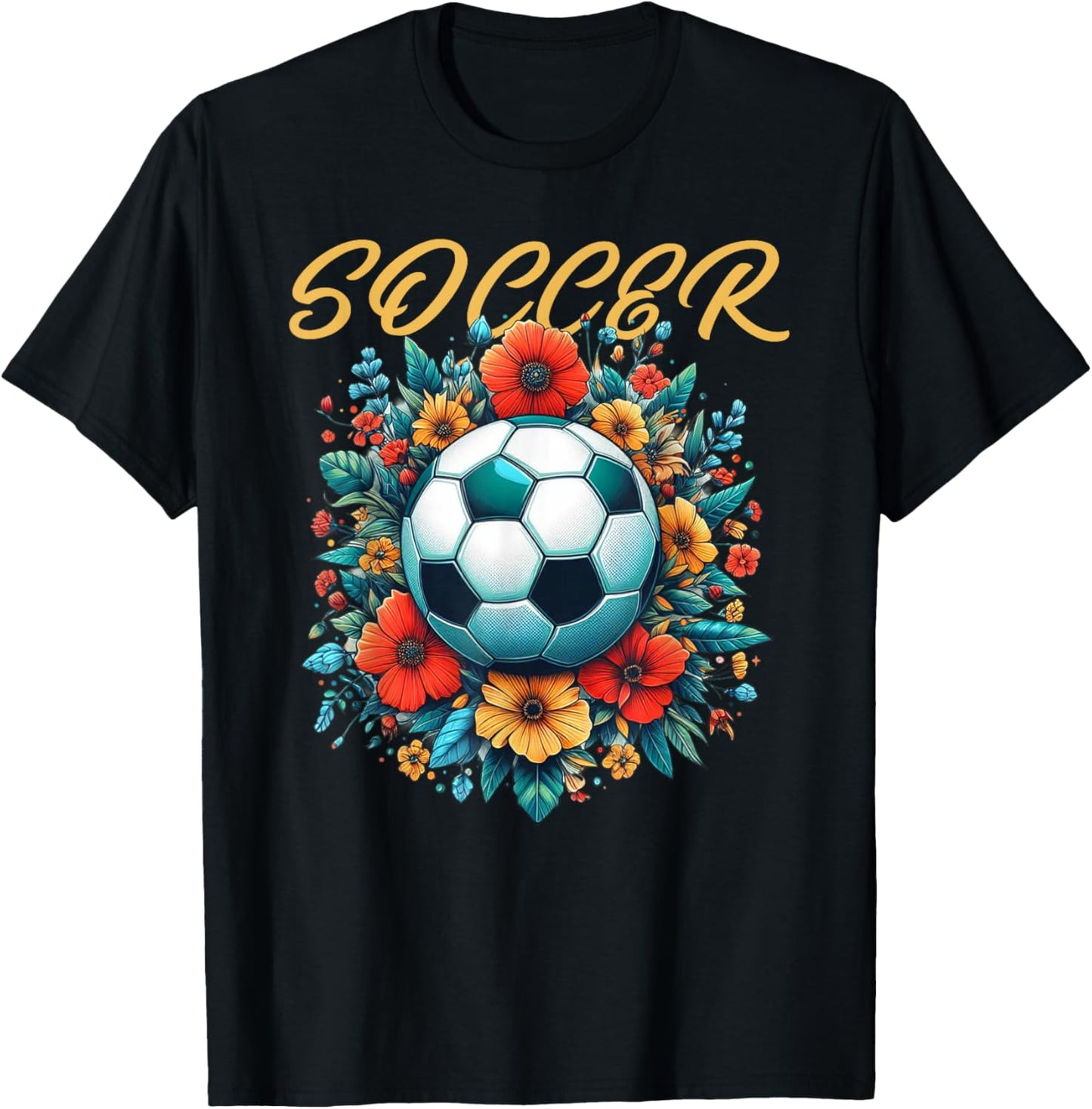 Soccer Ball Floral Print Women Vintage T-Shirt - T-Shirt | Black