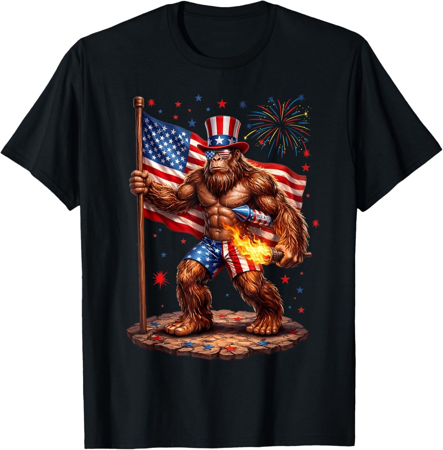 Bigfoot 4th of July US American Flag Sasquatch Men Women Kid T-Shirt - T-Shirt | Black
