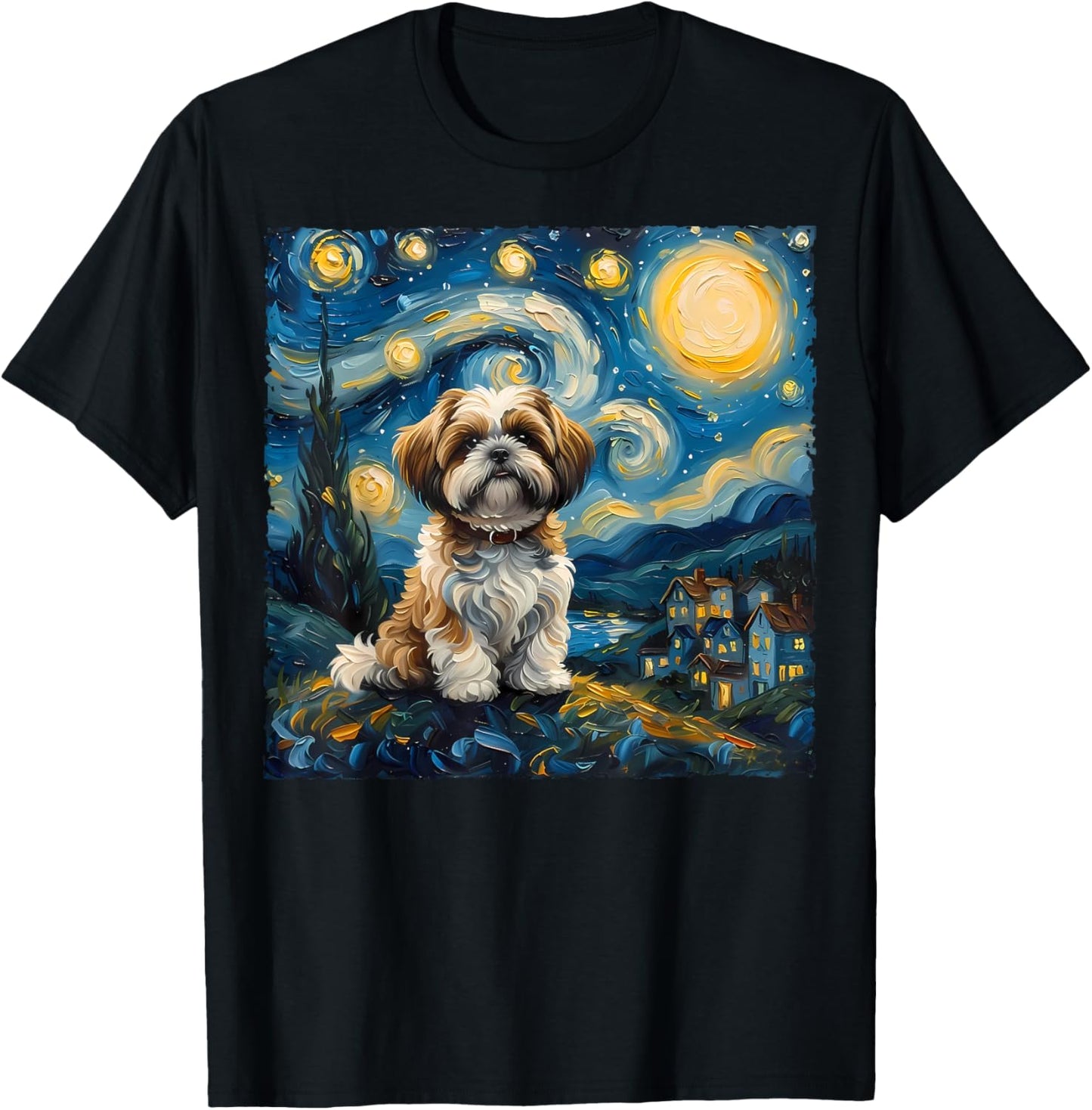 Shih Tzu Dog Lovers The Starry Night Van Gogh Style Painting T-Shirt - T-Shirt | Black