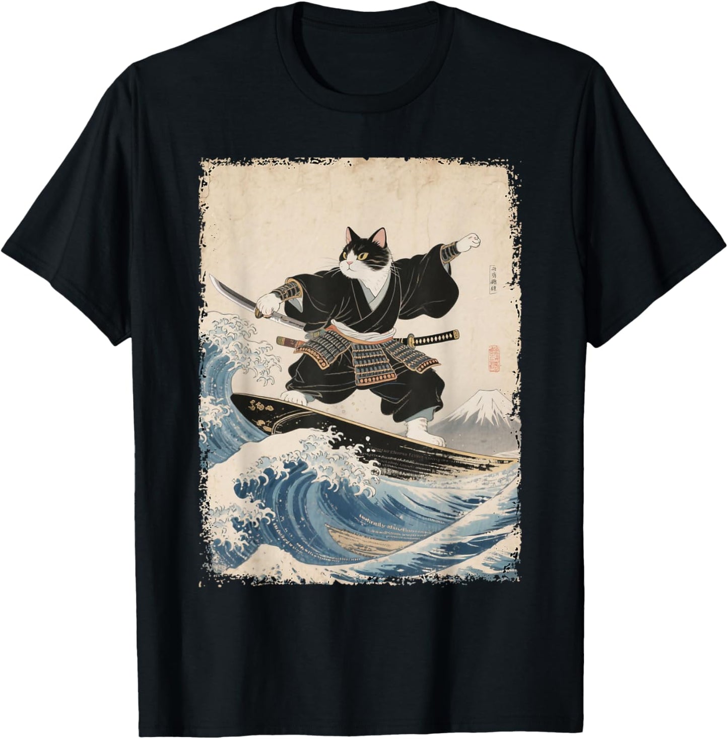 Samurai Cat Surfing Wave Art Japanese Ukiyo-e Art T-Shirt - T-Shirt | Black