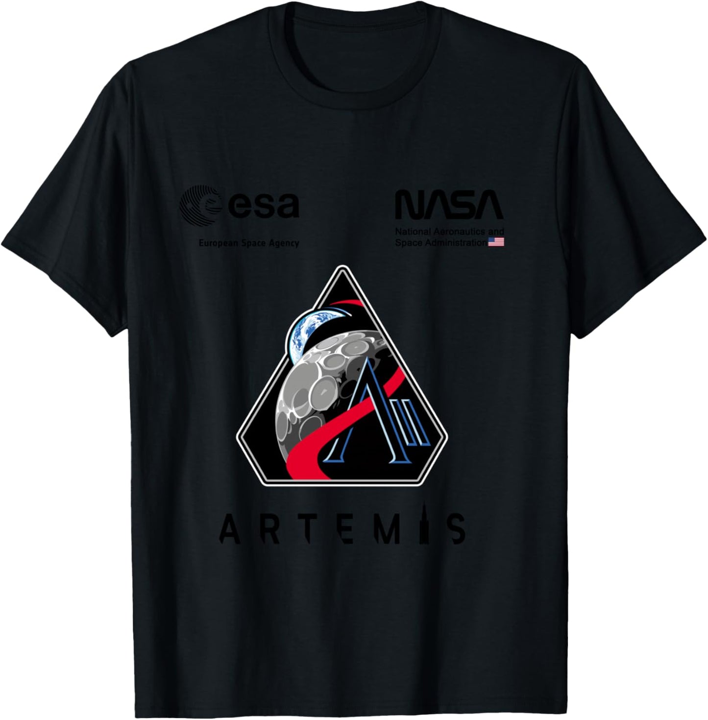 NASA Artemis II Mission Patch Worm and ESA Logo T-Shirt - T-Shirt | Black