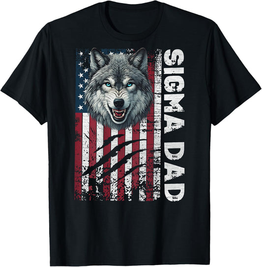 Sigma Dad Wolf Patriotic American Flag Sigma Male Meme T-Shirt - T-Shirt | Black