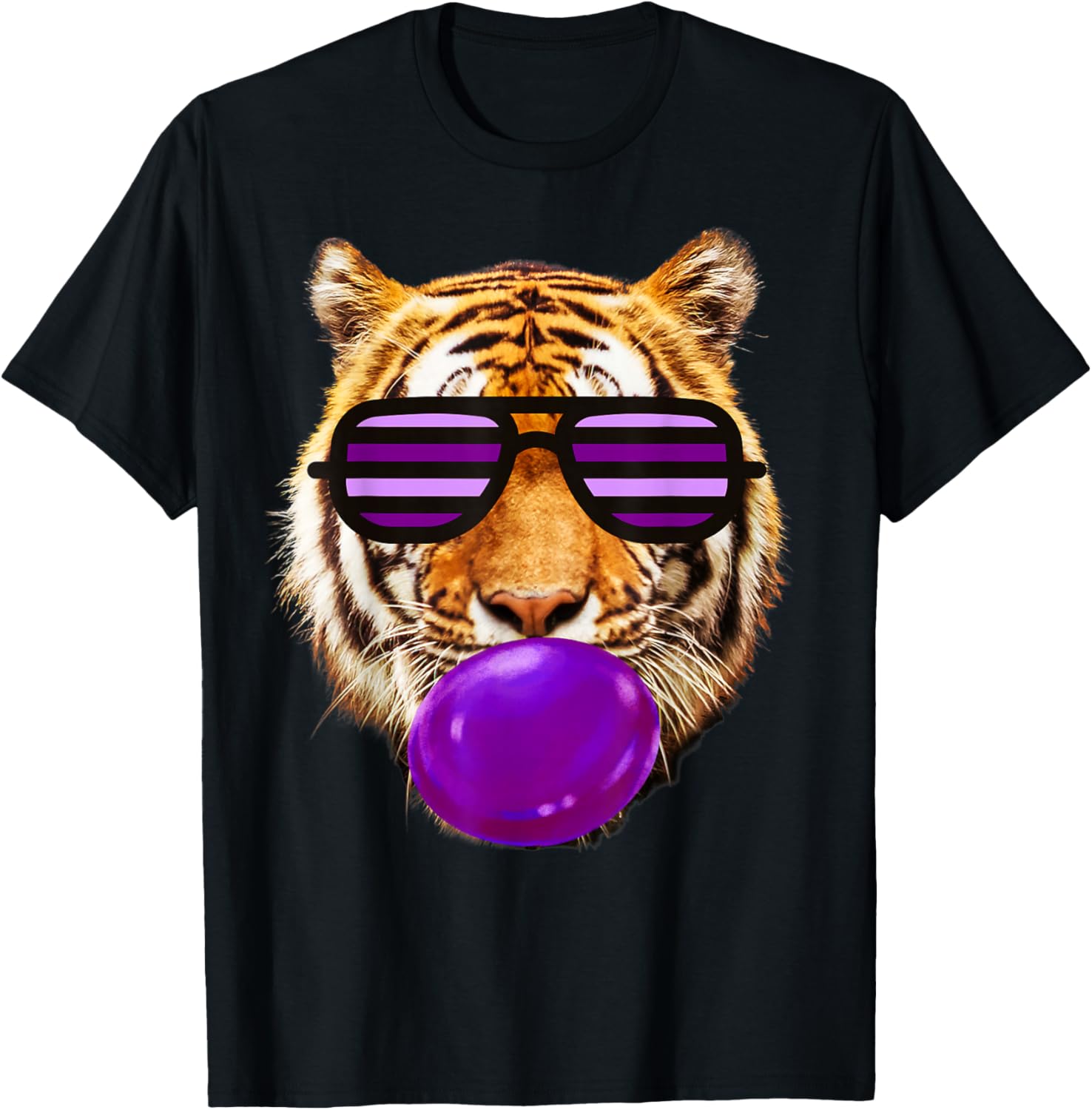 Purple bubble Gum tiger Stripe Cute Tiger with sunglasses T-Shirt - T-Shirt | Black