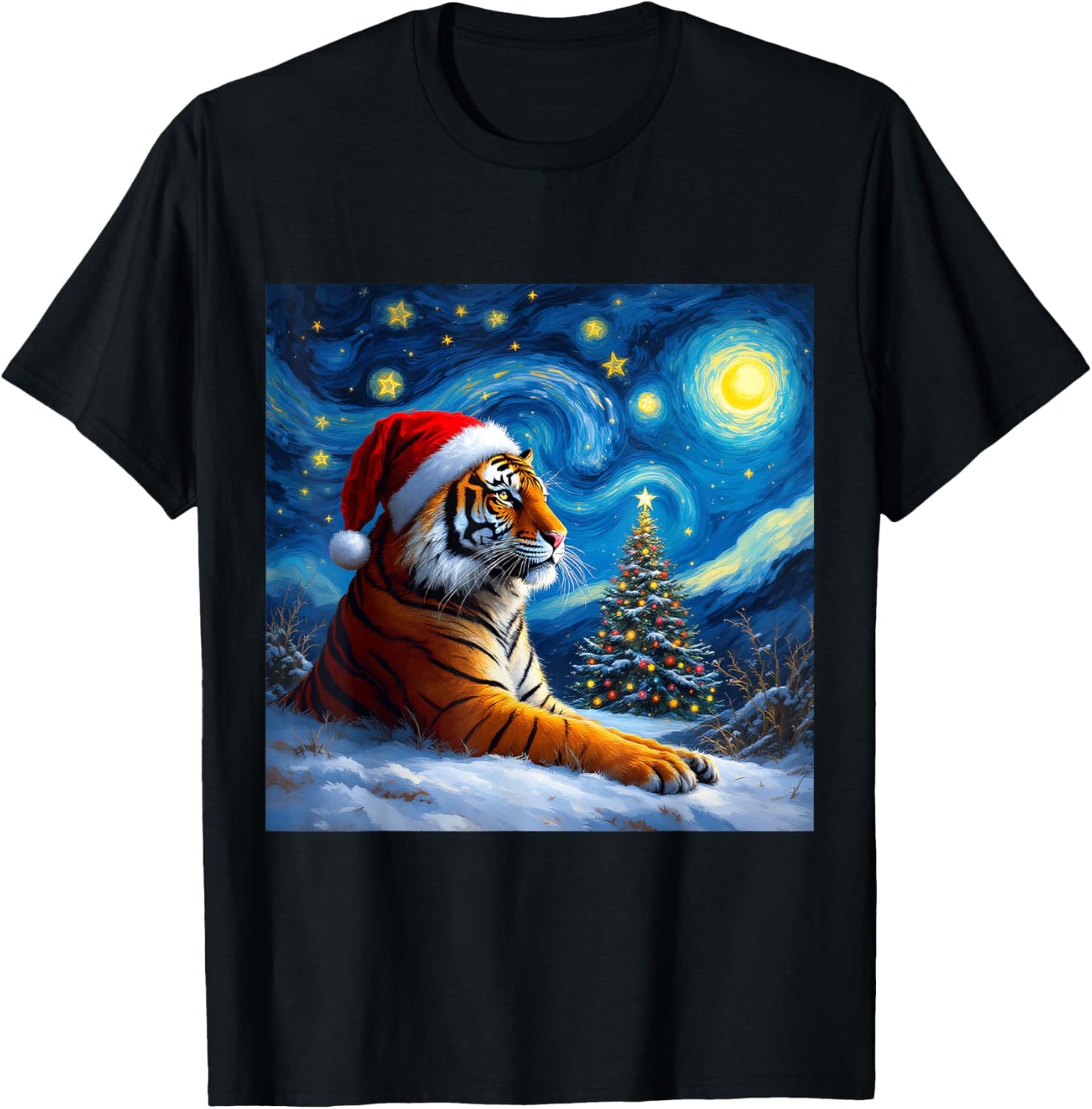 Christmas Tiger Santa Hat Van Gogh Starry Night Holiday T-Shirt - T-Shirt | Black