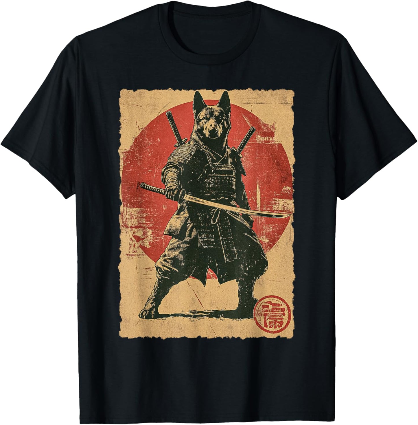 Funny Vintage Japanese Art German Shepherd Ninja Samurai T-Shirt - T-Shirt | Black