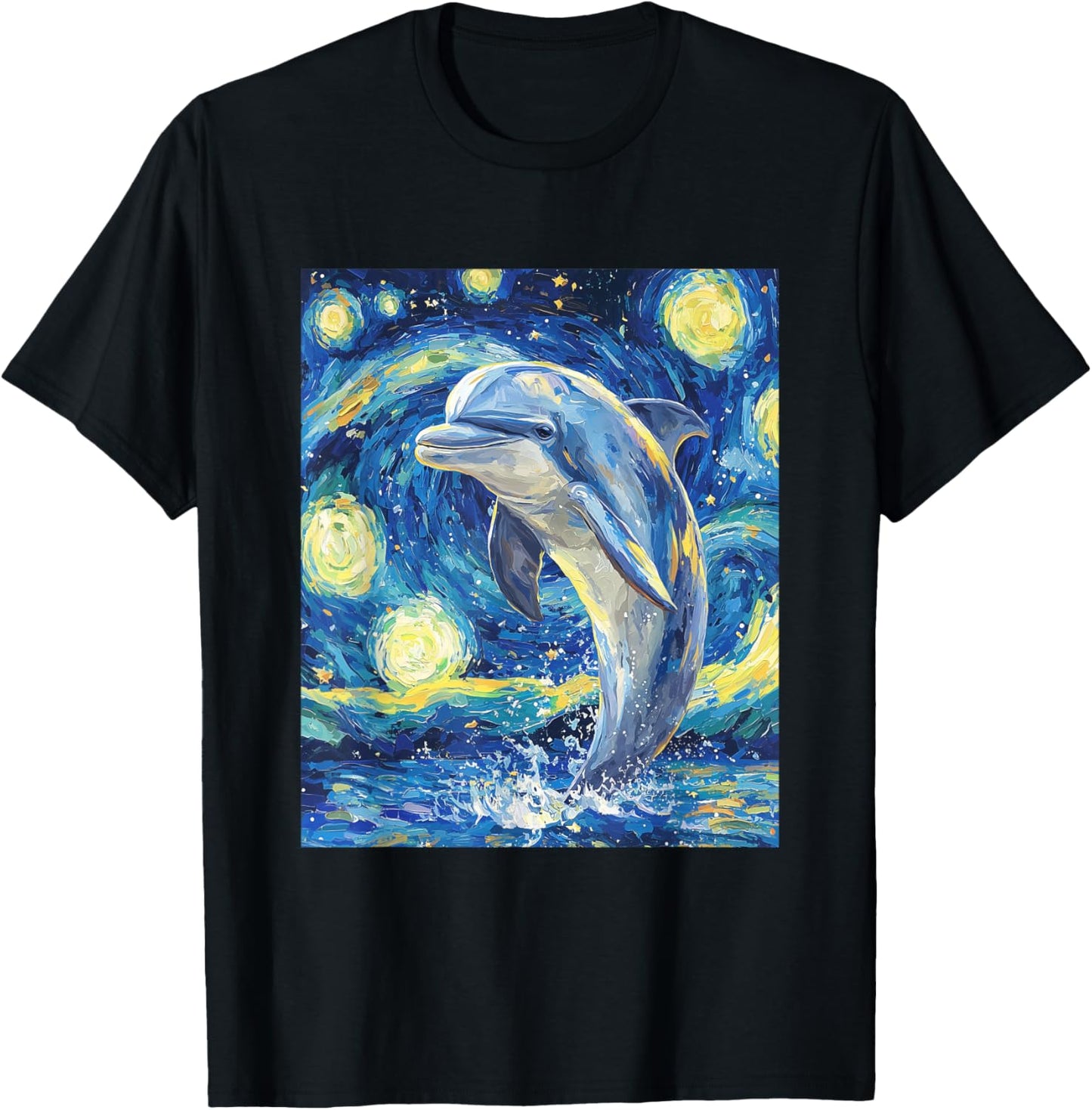 Cute Dolphin - Van Gogh Style - Starry Night Graphic T-Shirt - T-Shirt | Black