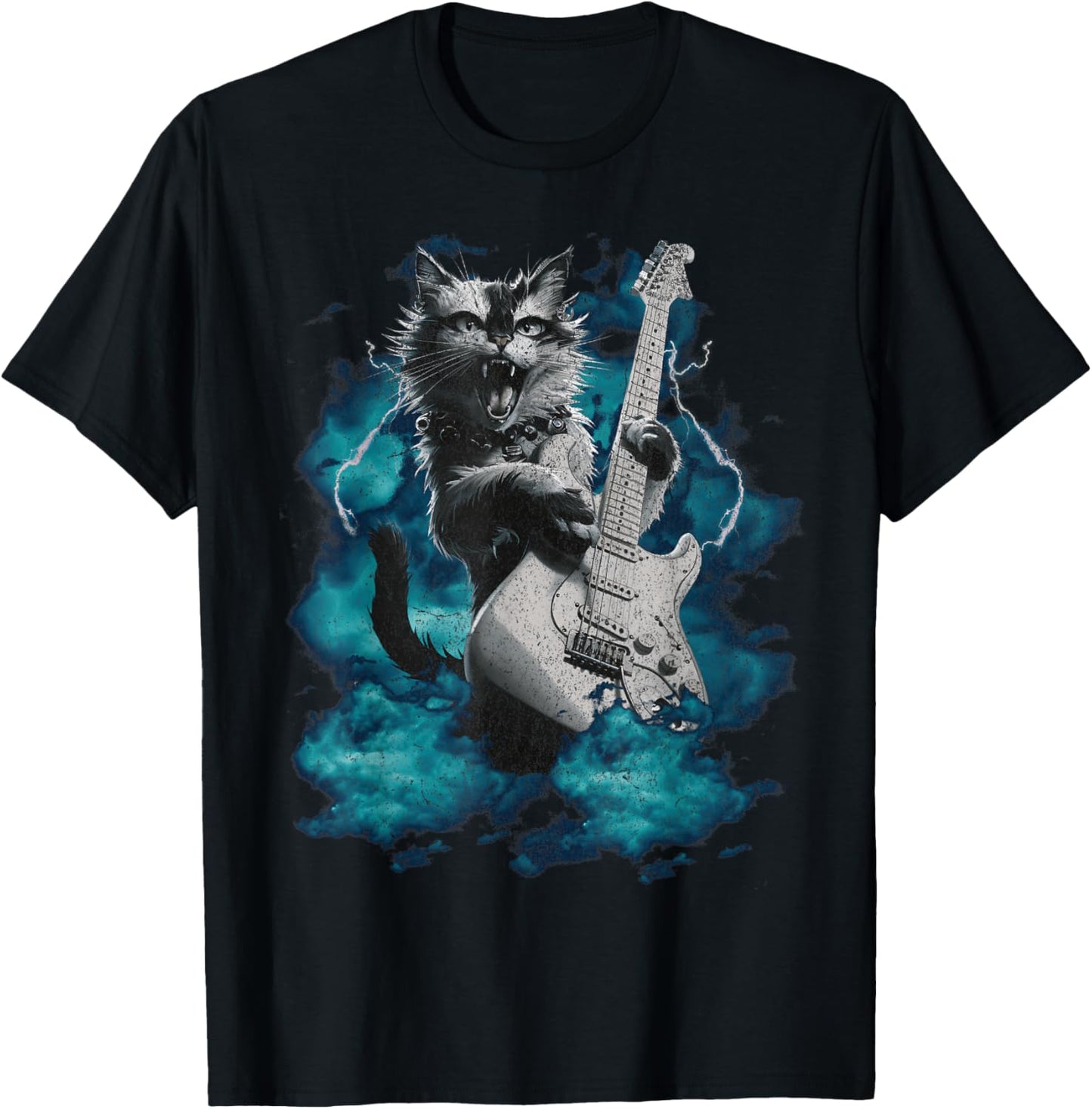 Cool Guitar Cat Kittie Rock Band Music Thunder Rockstar Men Women T-Shirt - T-Shirt | Black