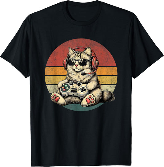 Kitten Cat Playing Video Games Vintage Funny Cat Gaming Men Women Kids T-Shirt - T-Shirt | Black