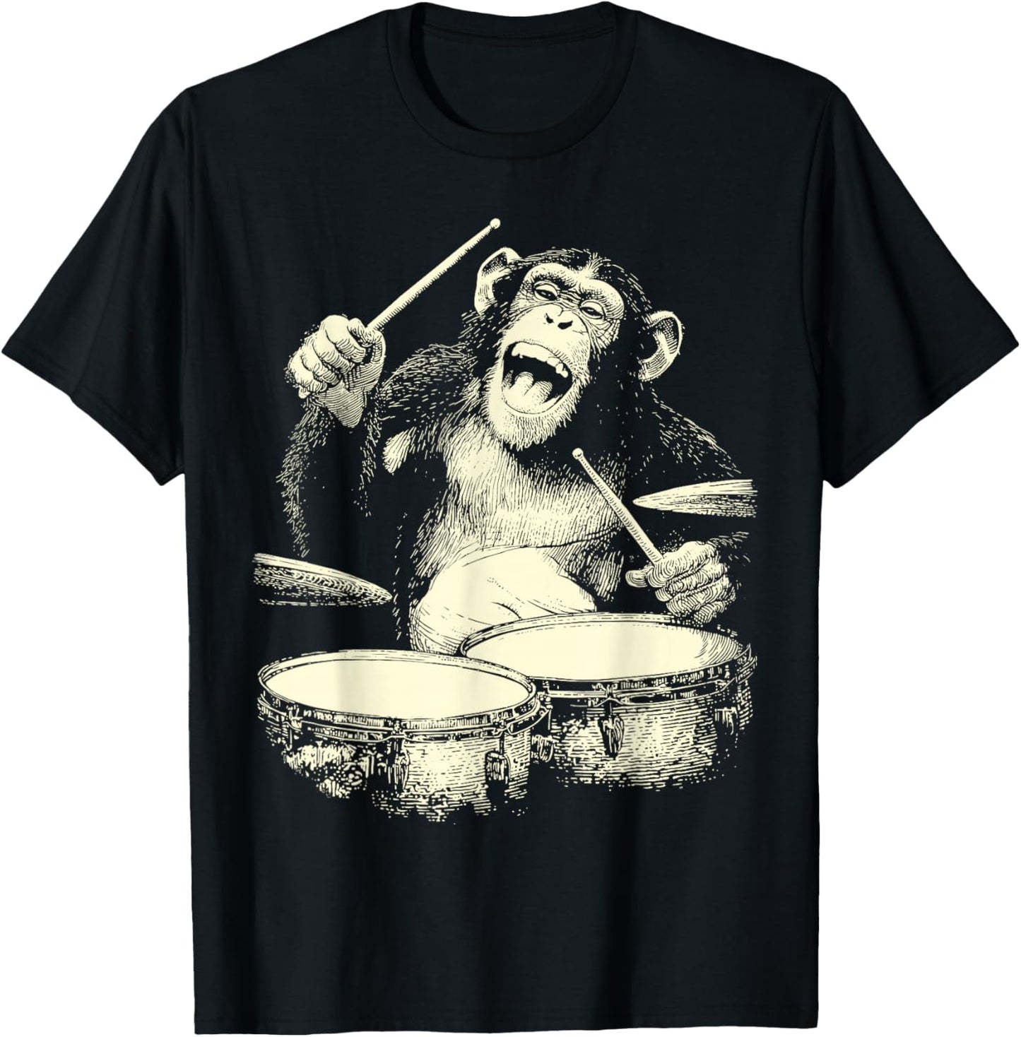 Chimpanzee Playing Drums Funny Animal Drummer Chimp Graphic T-Shirt - T-Shirt | Black
