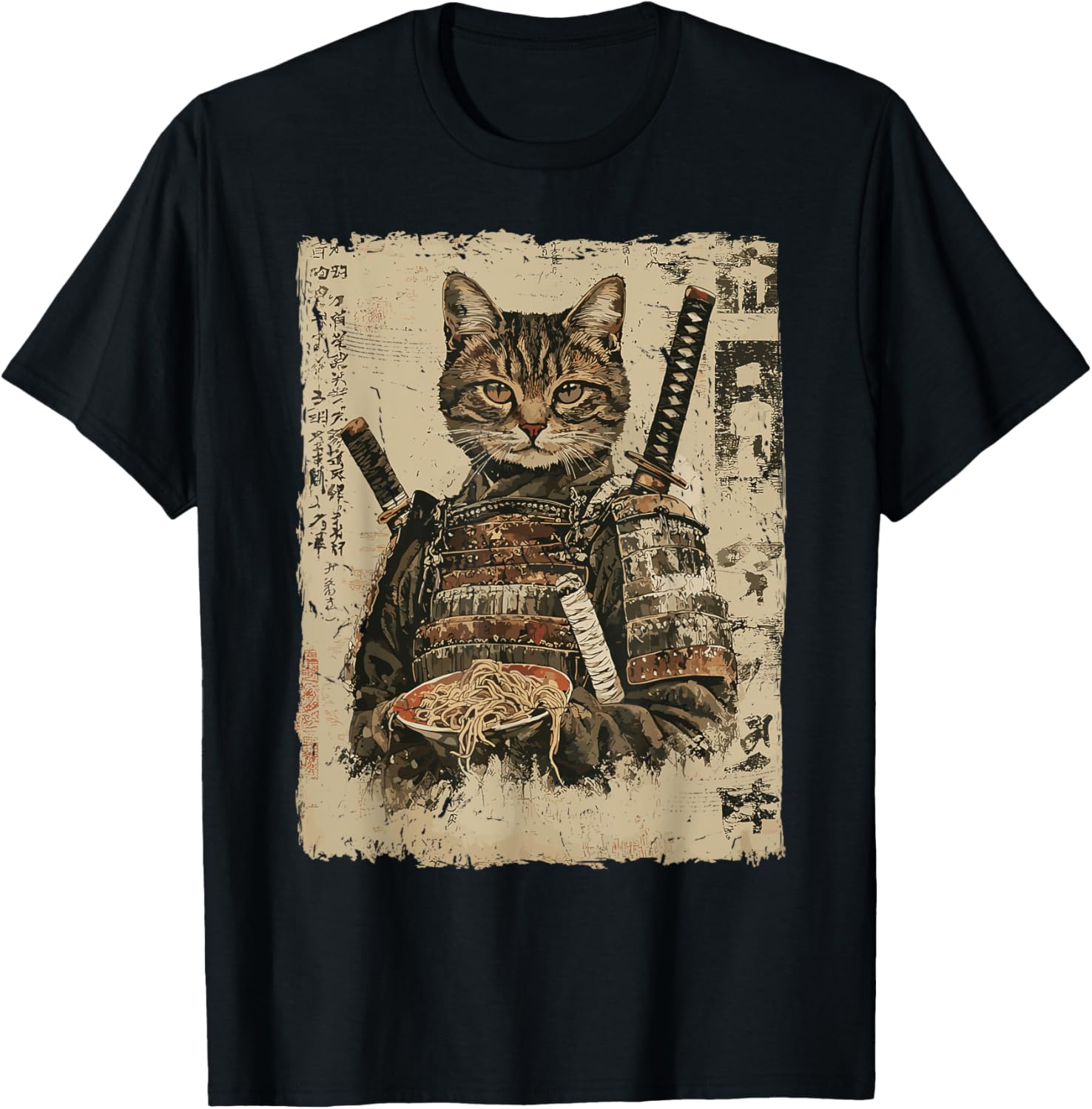 Samurai Cat Loves Ramen Funny Anime Japanese Artwork Samurai T-Shirt - T-Shirt | Black
