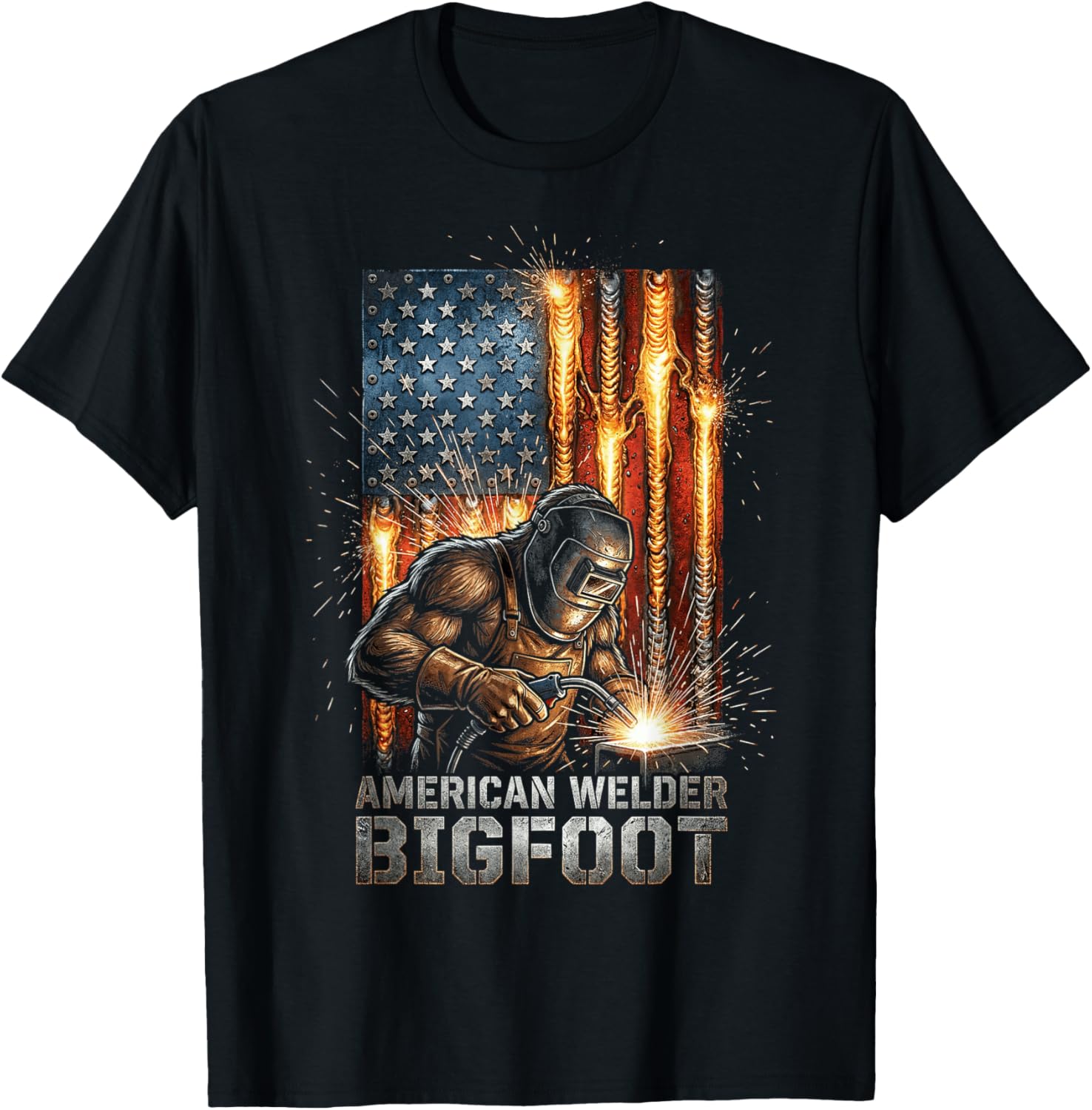 American Welder Bigfoot Sasquatch US Flag Welding Beads T-Shirt - T-Shirt | Black