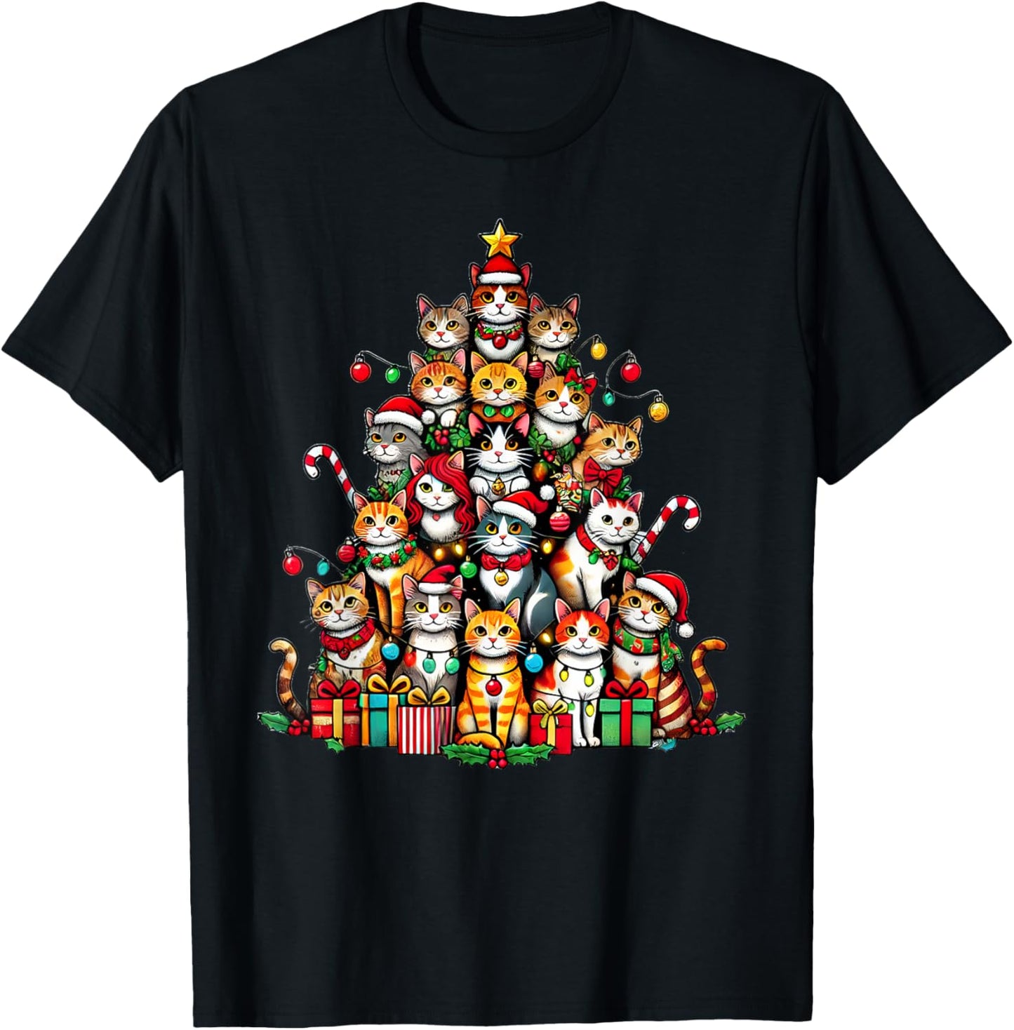 Cat Kitten Christmas Tree Funny Cat Xmas T-Shirt - T-Shirt | Black