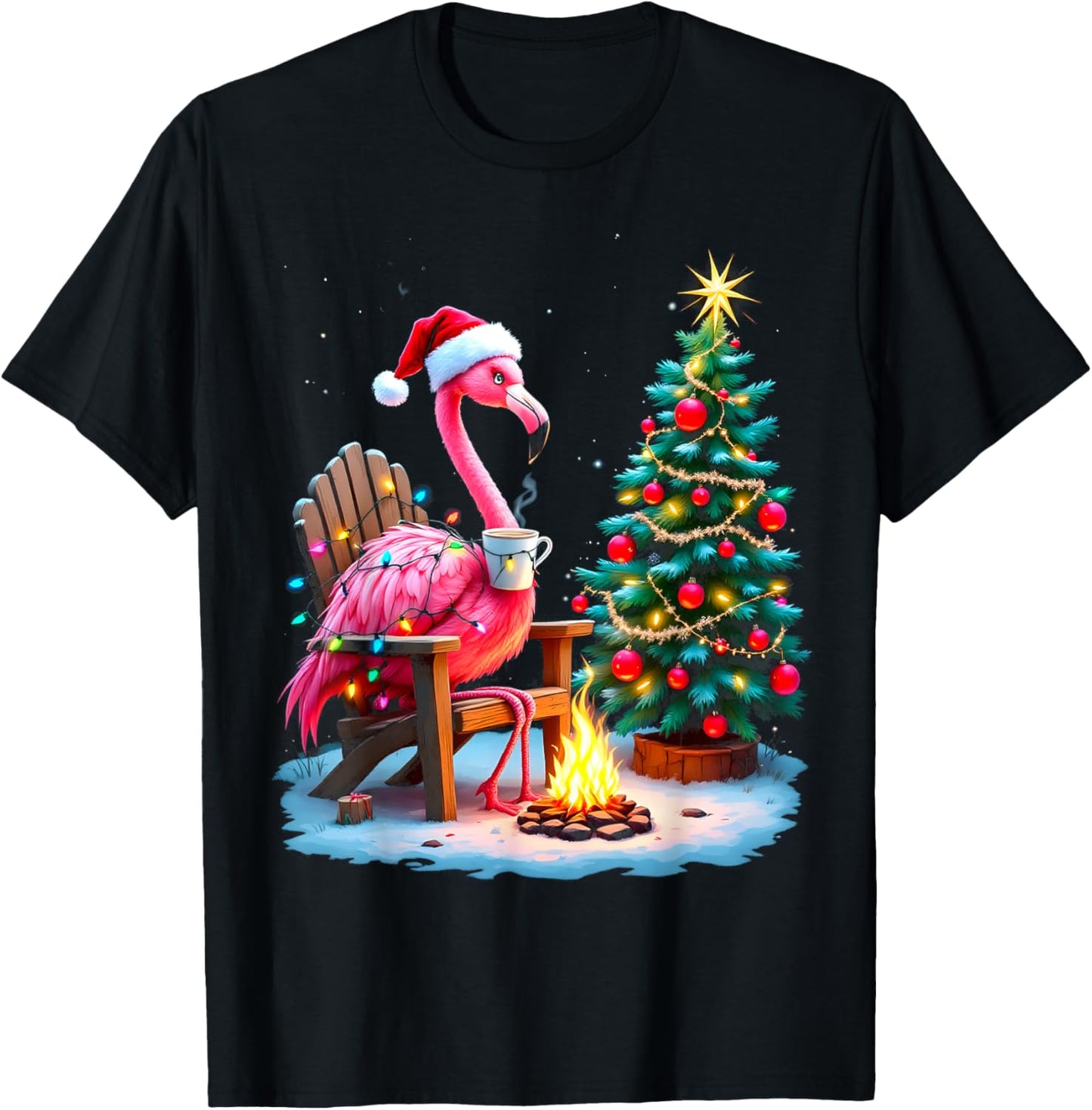 Funny Christmas Flamingo Santa Lights Winter Men Women Kids T-Shirt - T-Shirt | Black