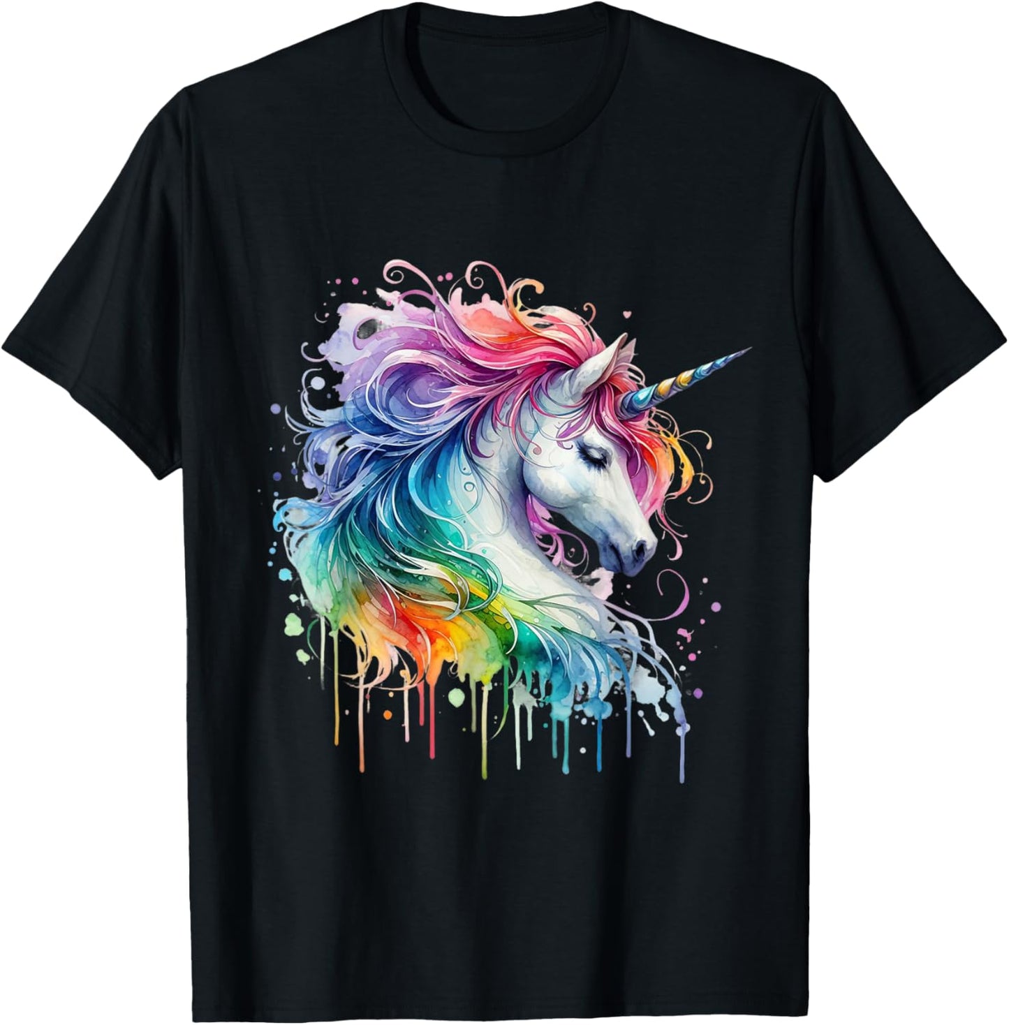 Unicorn Watercolour Rainbow Fantasy Mythical Creatures Animal Motif T-Shirt - T-Shirt | Black