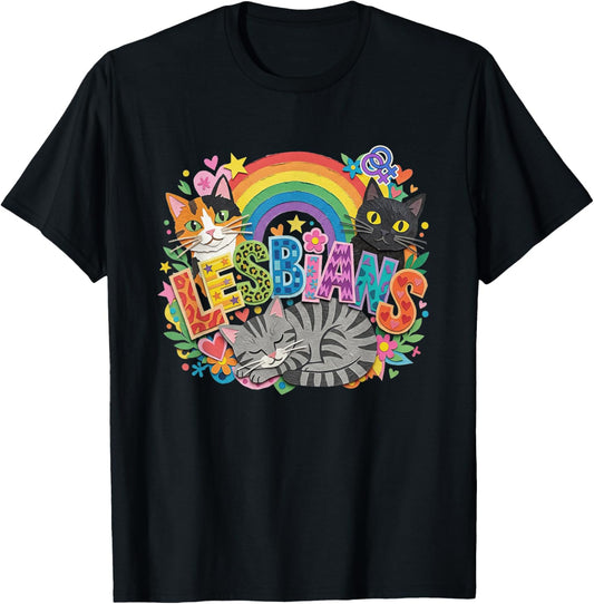 Lesbians Pride Cat Feminist Funny LGBTQ Month Purride Cats T-Shirt - T-Shirt | Black