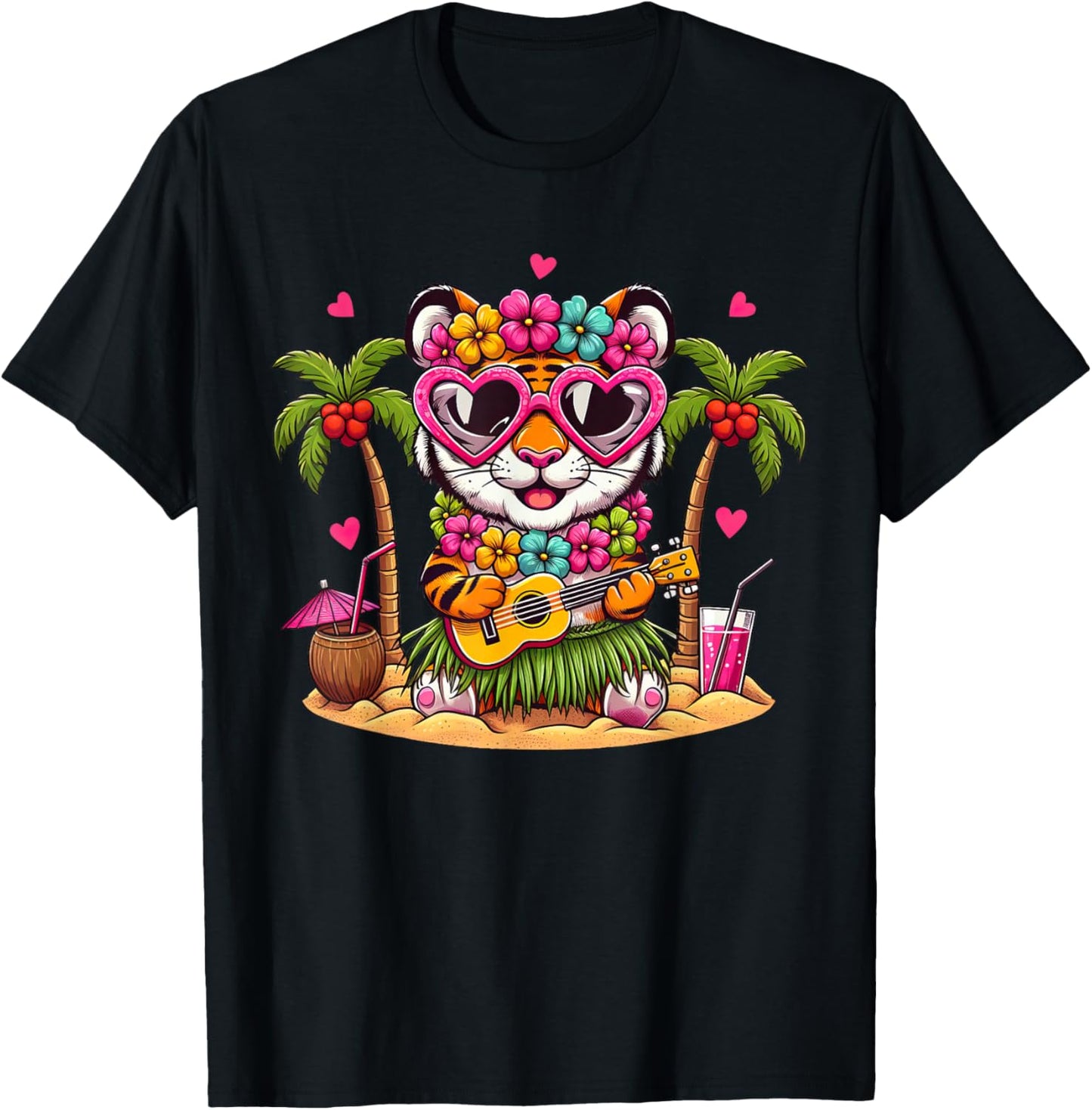 Funny Tiger Hawaiian Costume Kids Summer Vacation Tiger T-Shirt - T-Shirt | Black