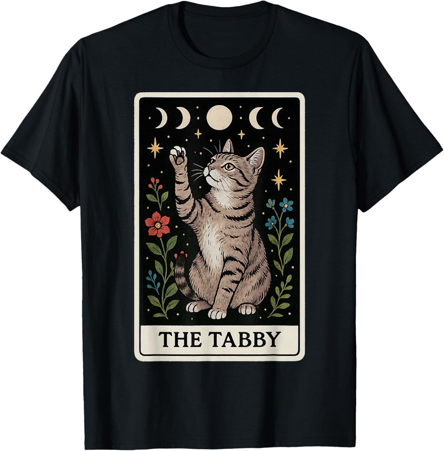 The Tabby Cat Gray Cat Tarot Card Witchy Moon T-Shirt - T-Shirt | Black