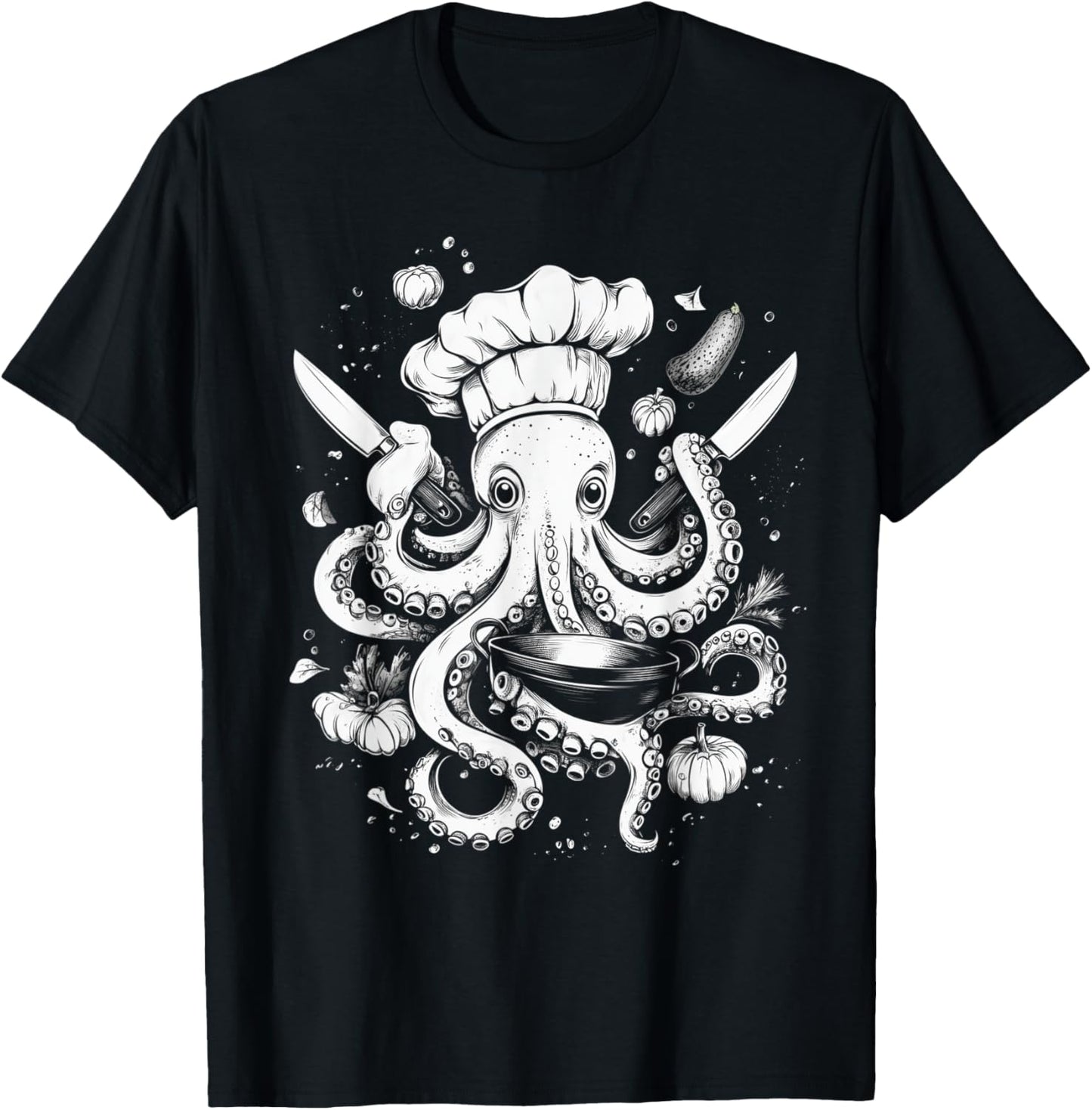 Chef Octopus Funny Cooking Kraken Sous Chef Cook T-Shirt - T-Shirt | Black