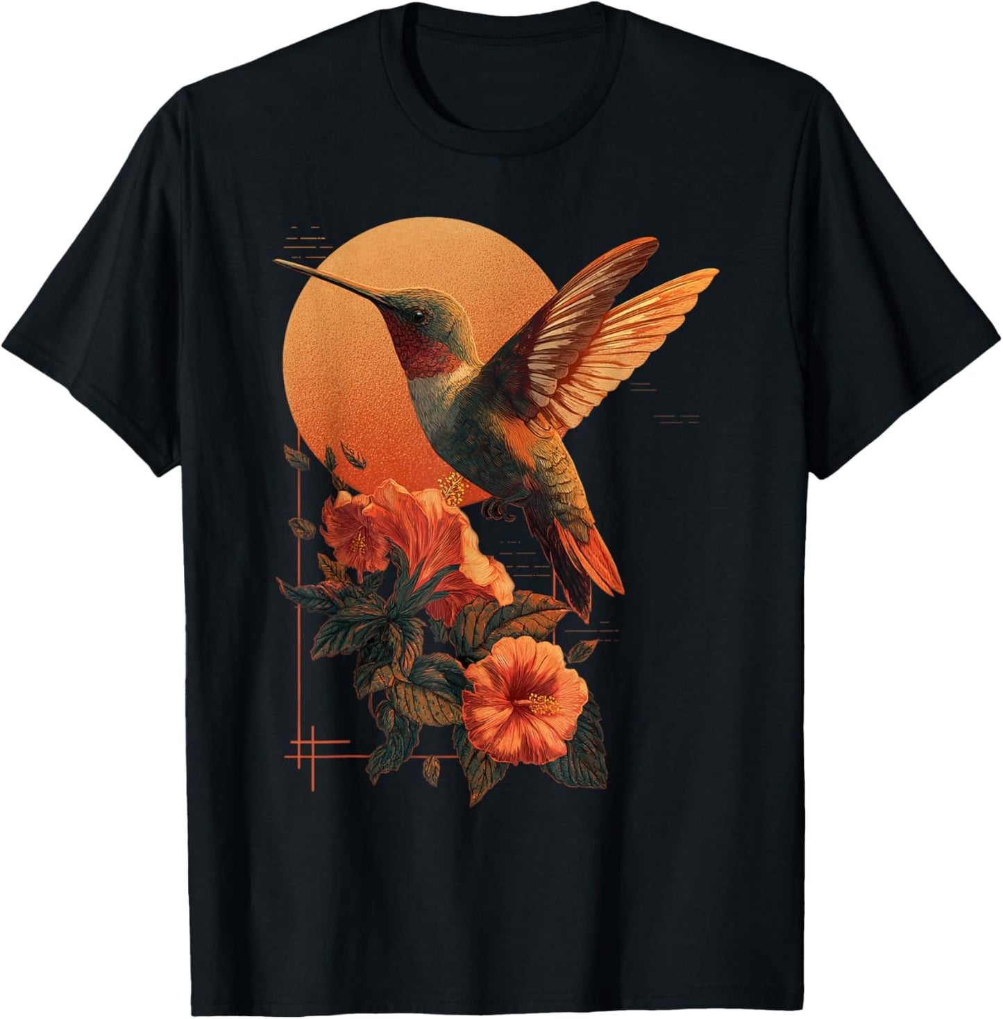 Hummingbird Hibiscus Flower Tropical Sunset Art T-Shirt - T-Shirt | Black