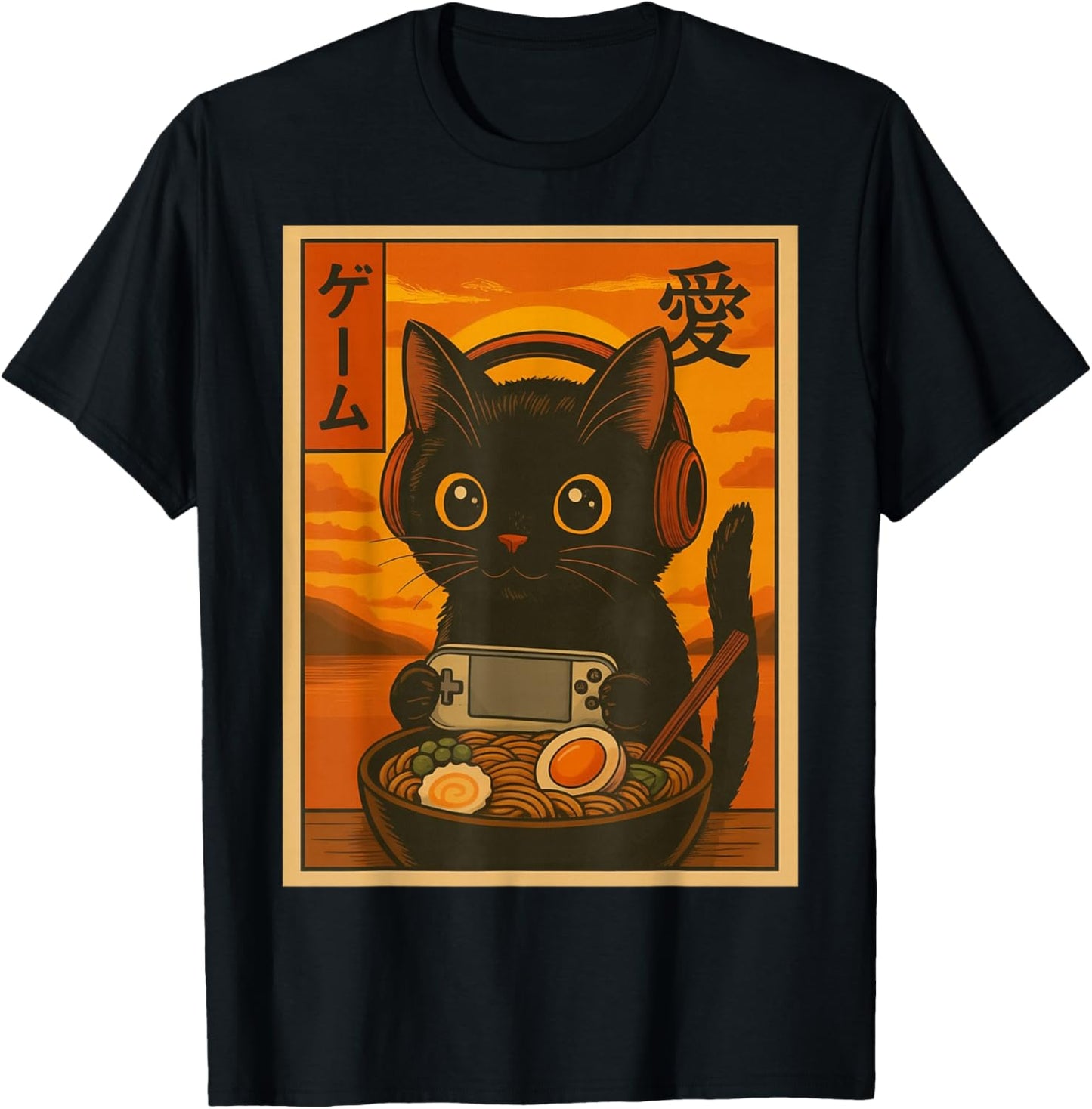 Cute Kawaii Gamer Cat Ramen Retro Japanese Art T-Shirt - T-Shirt | Black
